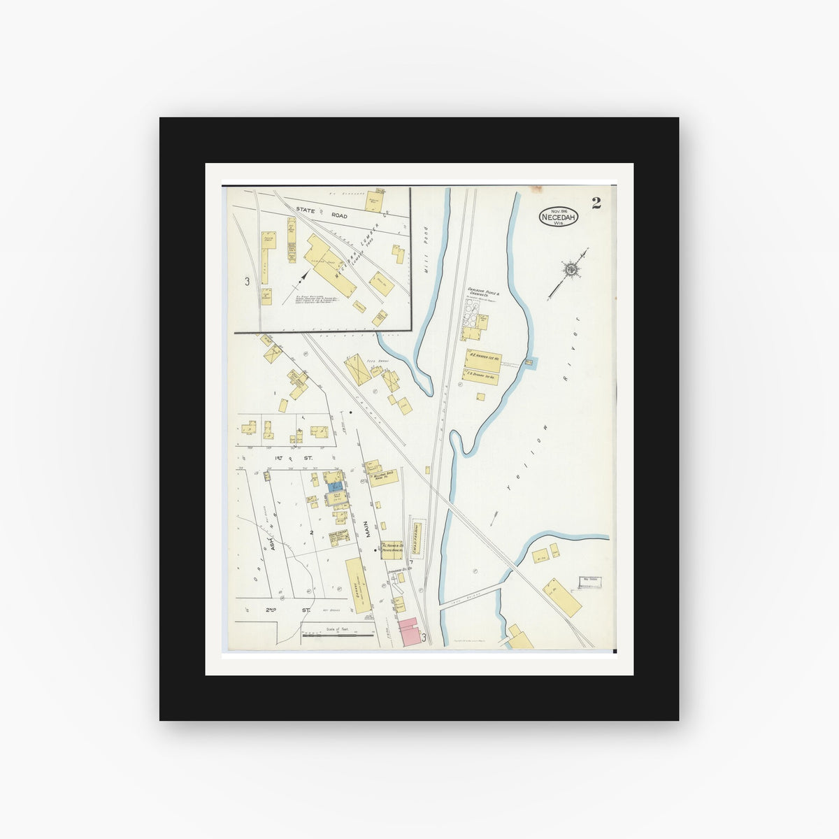 Old map wall art mockup — black gallery frame with white mat — Sanborn Fire Insurance Map from Necedah, Juneau County, Wisconsin (1916), Sheet #0002