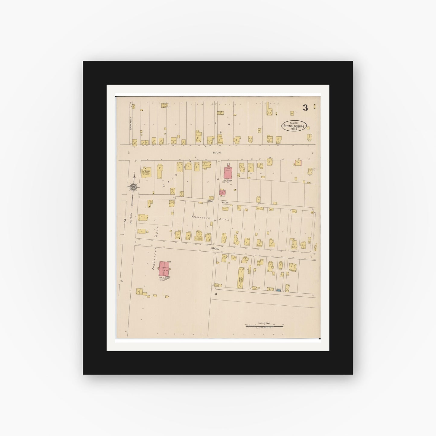 Old map wall art mockup — black gallery frame with white mat — Sanborn Fire Insurance Map from Reynoldsburg, Franklin County, Ohio (1922), Sheet #0003