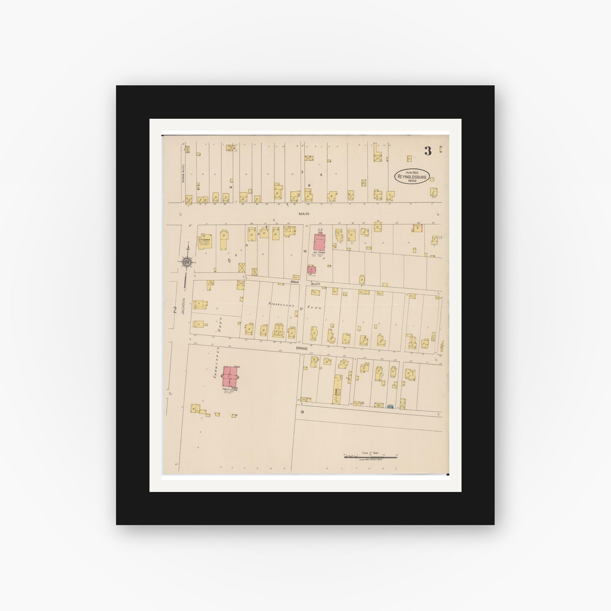 Old map wall art mockup — black gallery frame with white mat — Sanborn Fire Insurance Map from Reynoldsburg, Franklin County, Ohio (1922), Sheet #0003
