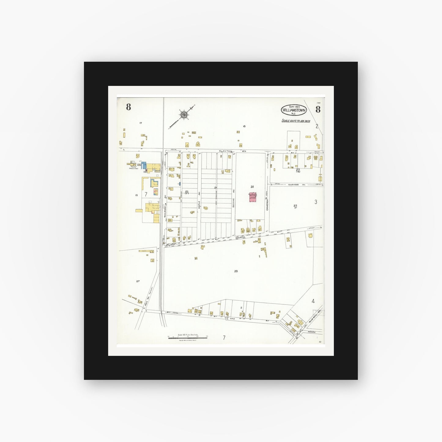 Old map wall art mockup — black gallery frame with white mat — Sanborn Fire Insurance Map from Williamstown, Gloucester County, New Jersey (1923), Sheet #0008