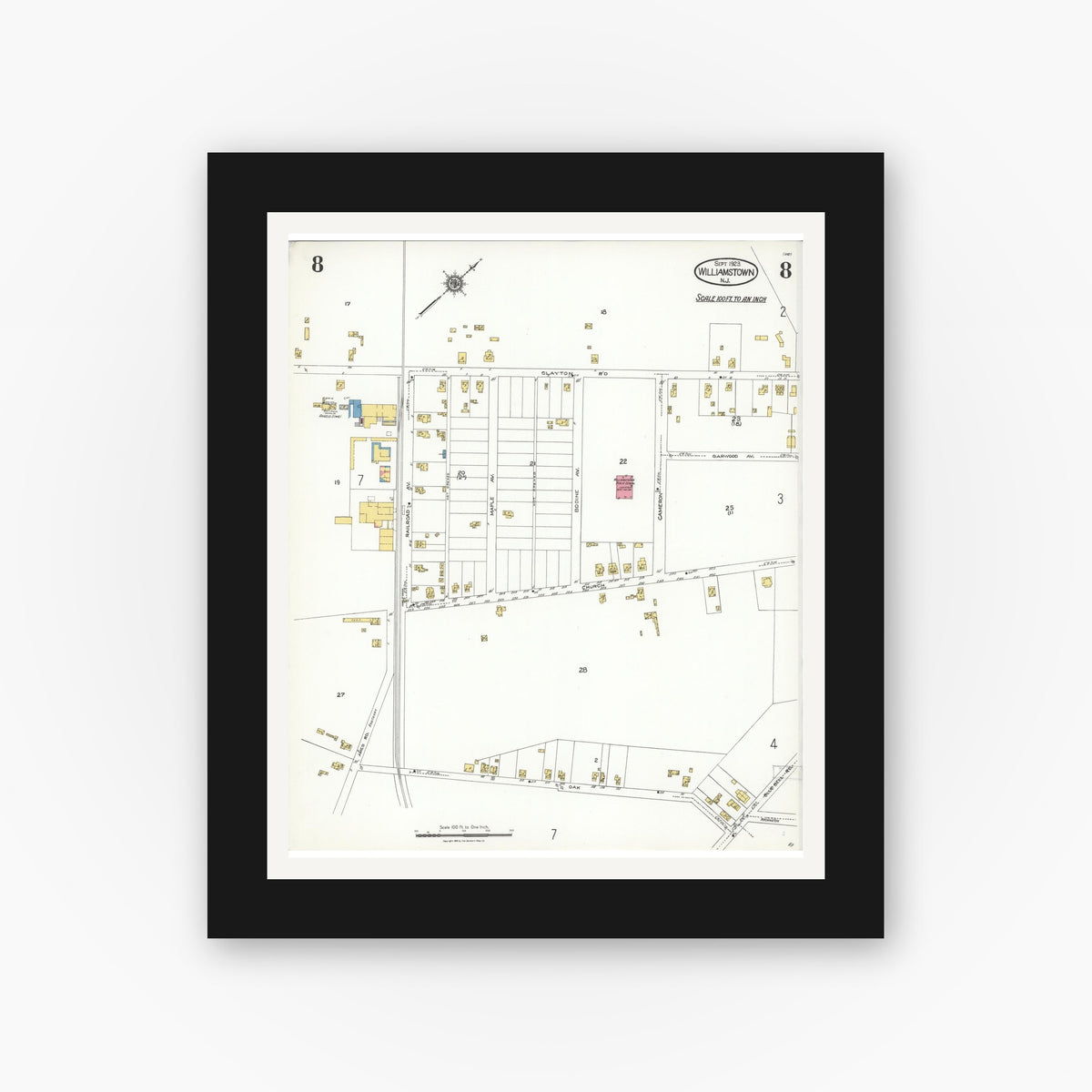 Old map wall art mockup — black gallery frame with white mat — Sanborn Fire Insurance Map from Williamstown, Gloucester County, New Jersey (1923), Sheet #0008
