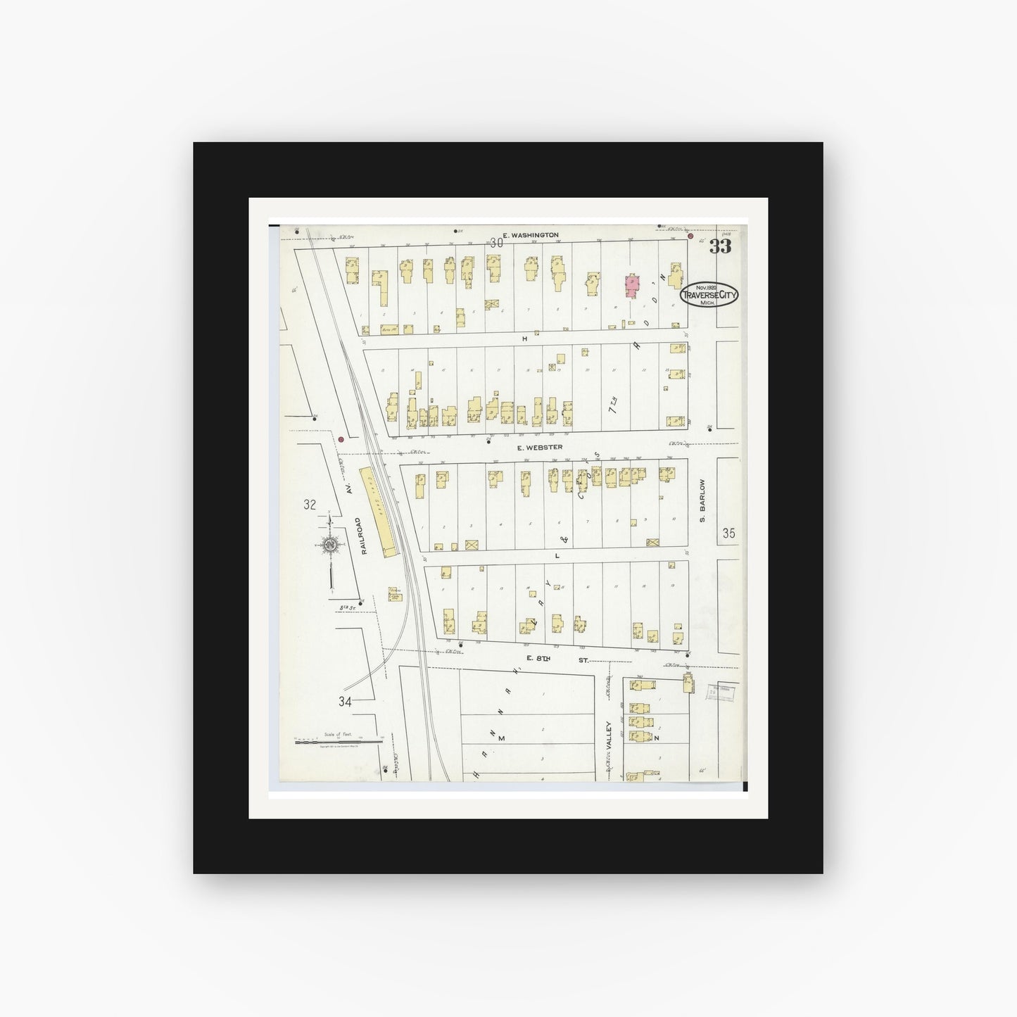Old map wall art mockup — black gallery frame with white mat — Sanborn Fire Insurance Map from Traverse City, Grand Traverse County, Michigan (1920), Sheet #0033