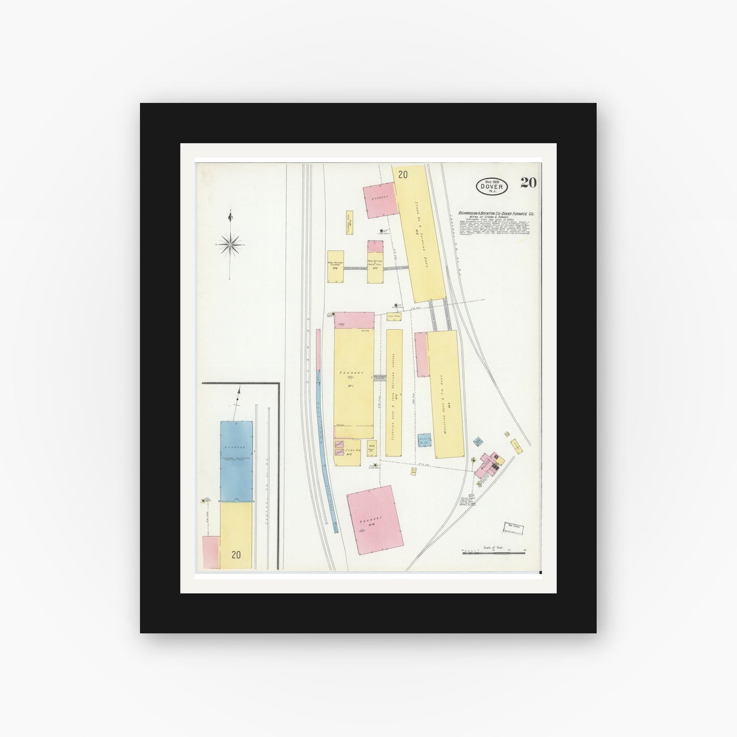 Old map wall art mockup — black gallery frame with white mat — Sanborn Fire Insurance Map from Dover, Morris County, New Jersey (1909), Sheet #0020