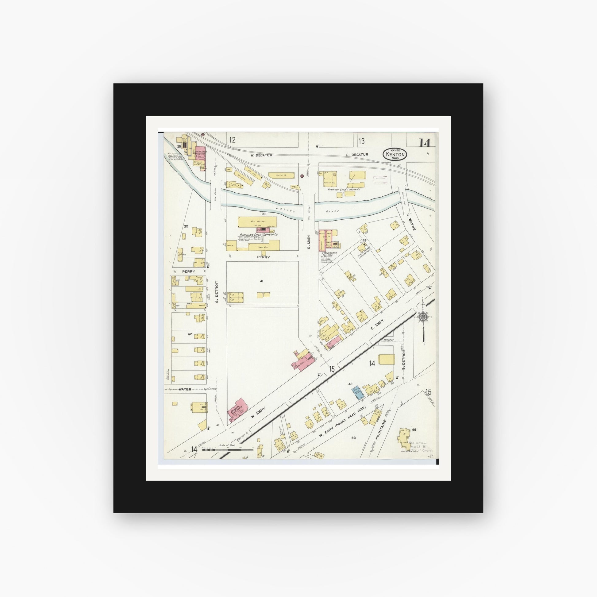 Old map wall art mockup — black gallery frame with white mat — Sanborn Fire Insurance Map from Kenton, Hardin County, Ohio (1911), Sheet #0014