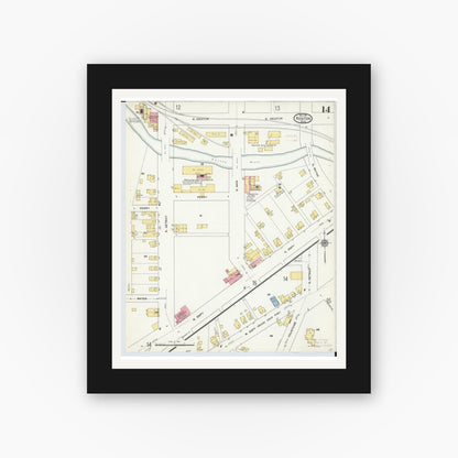 Old map wall art mockup — black gallery frame with white mat — Sanborn Fire Insurance Map from Kenton, Hardin County, Ohio (1911), Sheet #0014