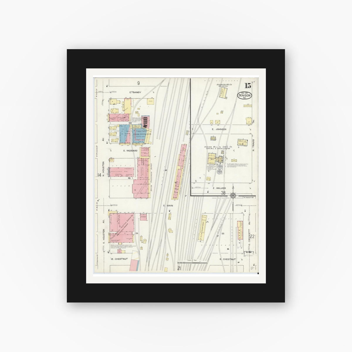 Old map wall art mockup — black gallery frame with white mat — Sanborn Fire Insurance Map from Denison, Grayson County, Texas (1914), Sheet #0015