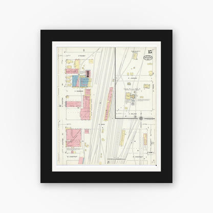 Old map wall art mockup — black gallery frame with white mat — Sanborn Fire Insurance Map from Denison, Grayson County, Texas (1914), Sheet #0015