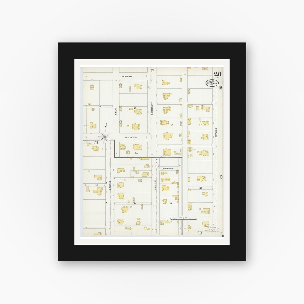 Old map wall art mockup — black gallery frame with white mat — Sanborn Fire Insurance Map from Sherman, Grayson County, Texas (1902), Sheet #0020