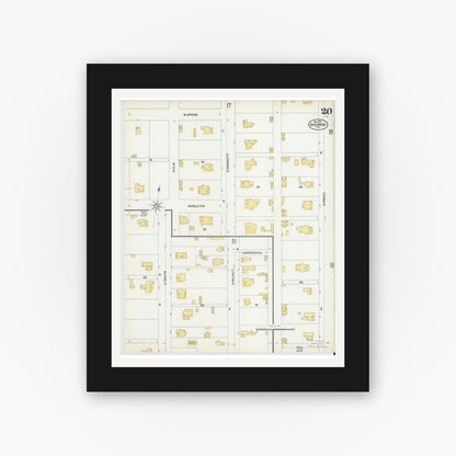 Old map wall art mockup — black gallery frame with white mat — Sanborn Fire Insurance Map from Sherman, Grayson County, Texas (1902), Sheet #0020
