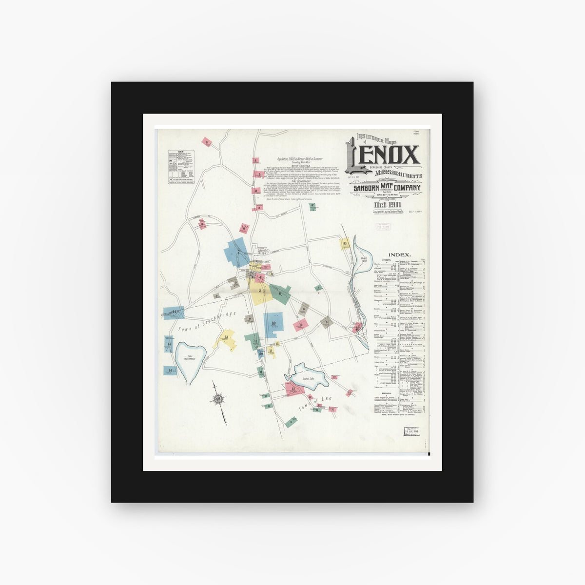 Old map wall art mockup — black gallery frame with white mat — Sanborn Fire Insurance Map from Lenox, Berkshire County, Massachusetts (1911) - Complete Map Set