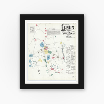 Old map wall art mockup — black gallery frame with white mat — Sanborn Fire Insurance Map from Lenox, Berkshire County, Massachusetts (1911) - Complete Map Set