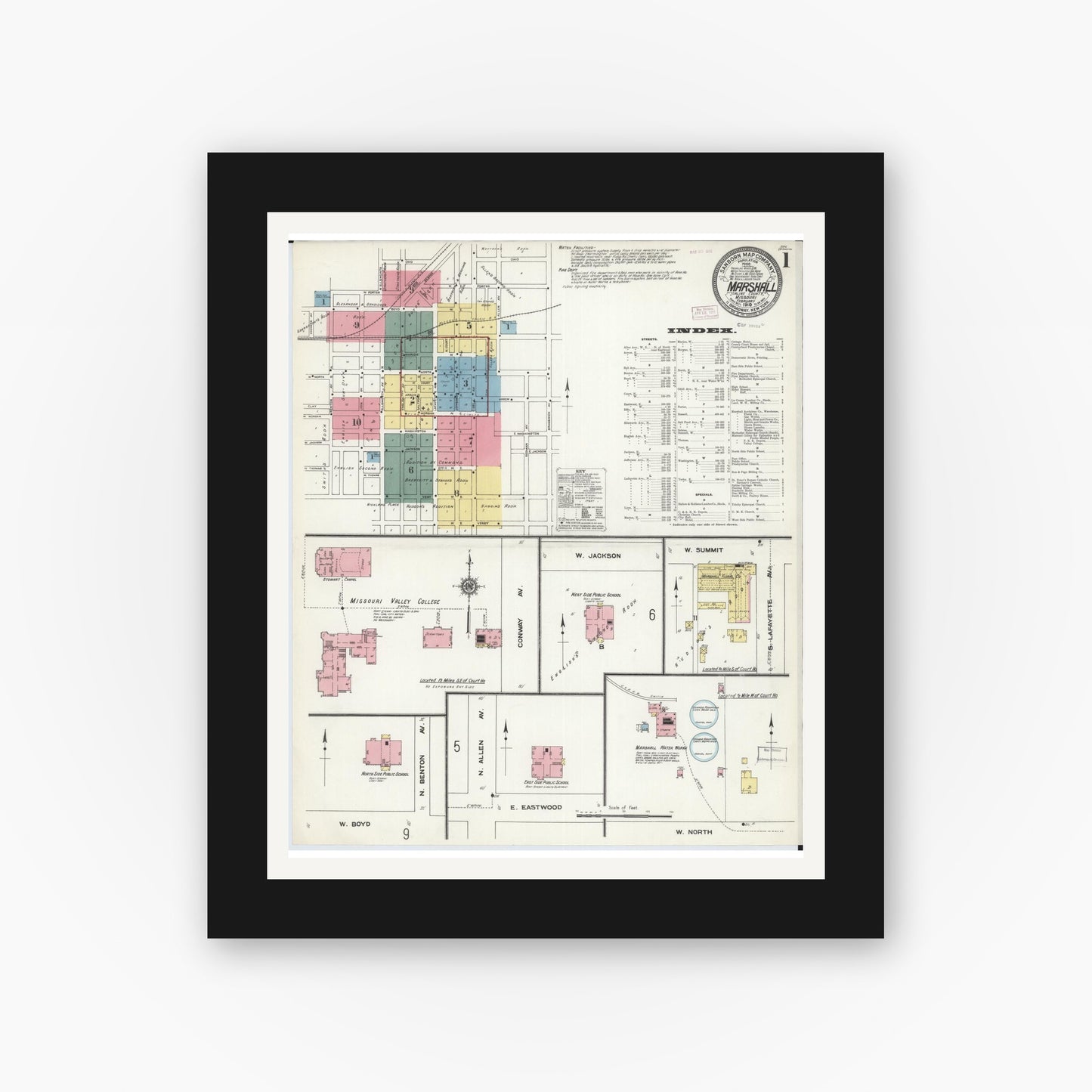 Old map wall art mockup — black gallery frame with white mat — Sanborn Fire Insurance Map from Marshall, Saline County, Missouri (1910) - Complete Map Set