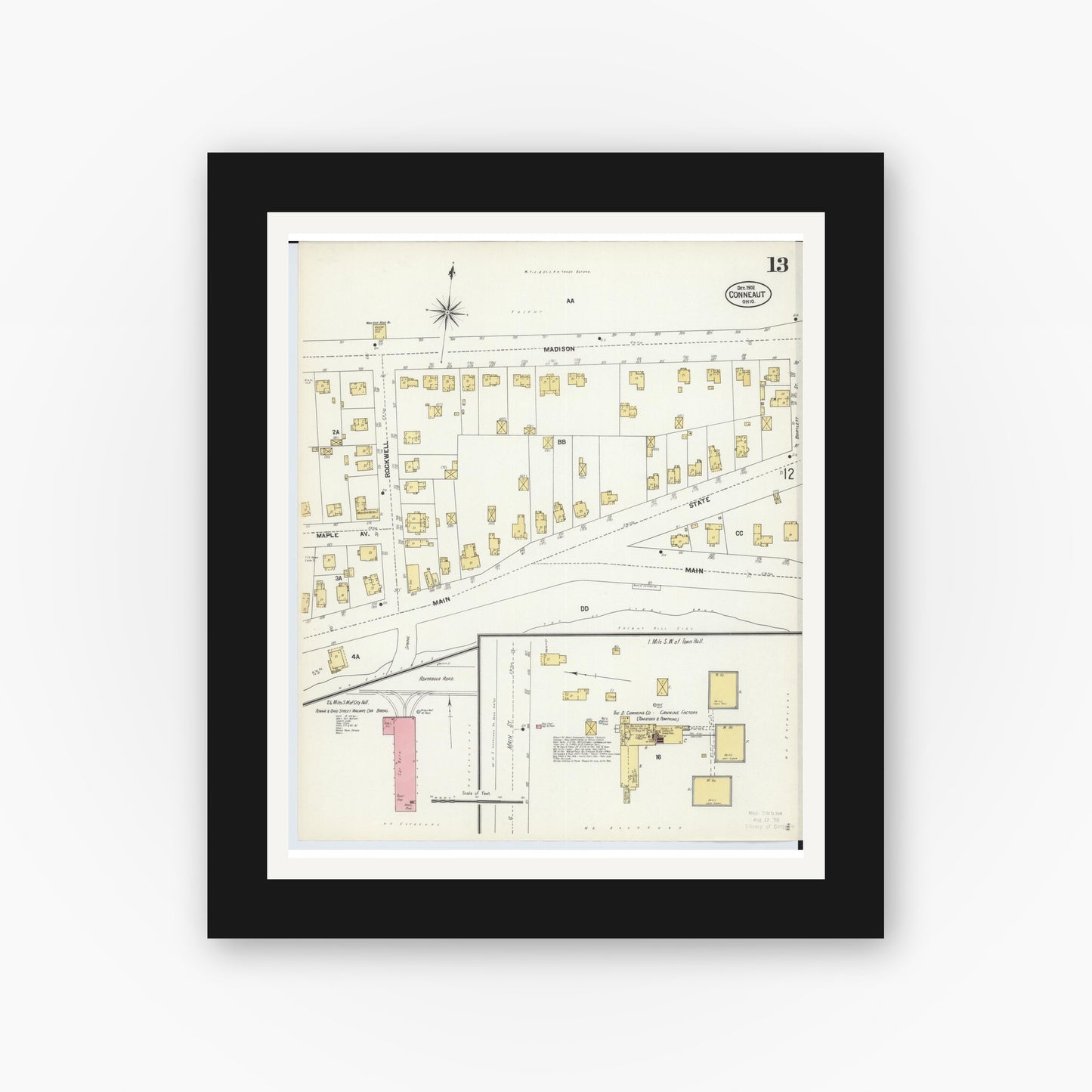 Old map wall art mockup — black gallery frame with white mat — Sanborn Fire Insurance Map from Conneaut, Ashtabula County, Ohio (1902), Sheet #0013
