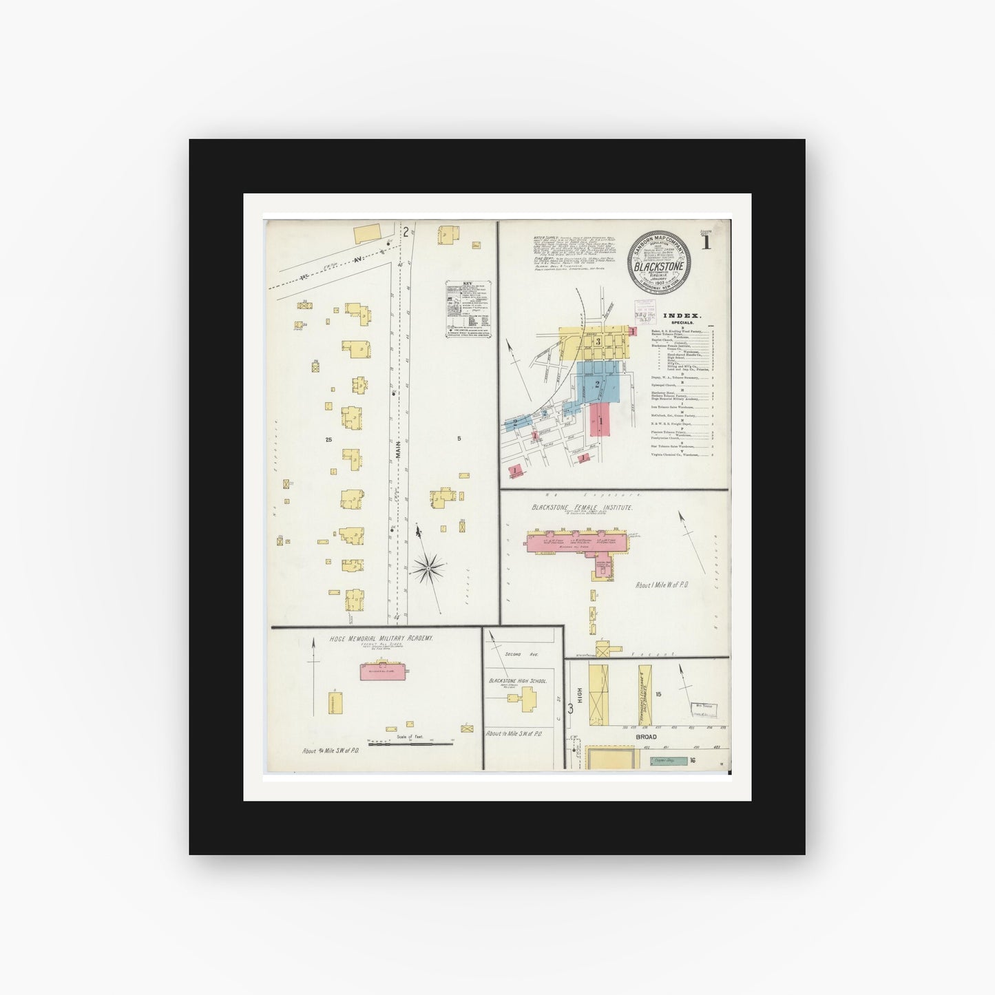 Old map wall art mockup — black gallery frame with white mat — Sanborn Fire Insurance Map from Blackstone, Nottoway County, Virginia (1903) - Complete Map Set