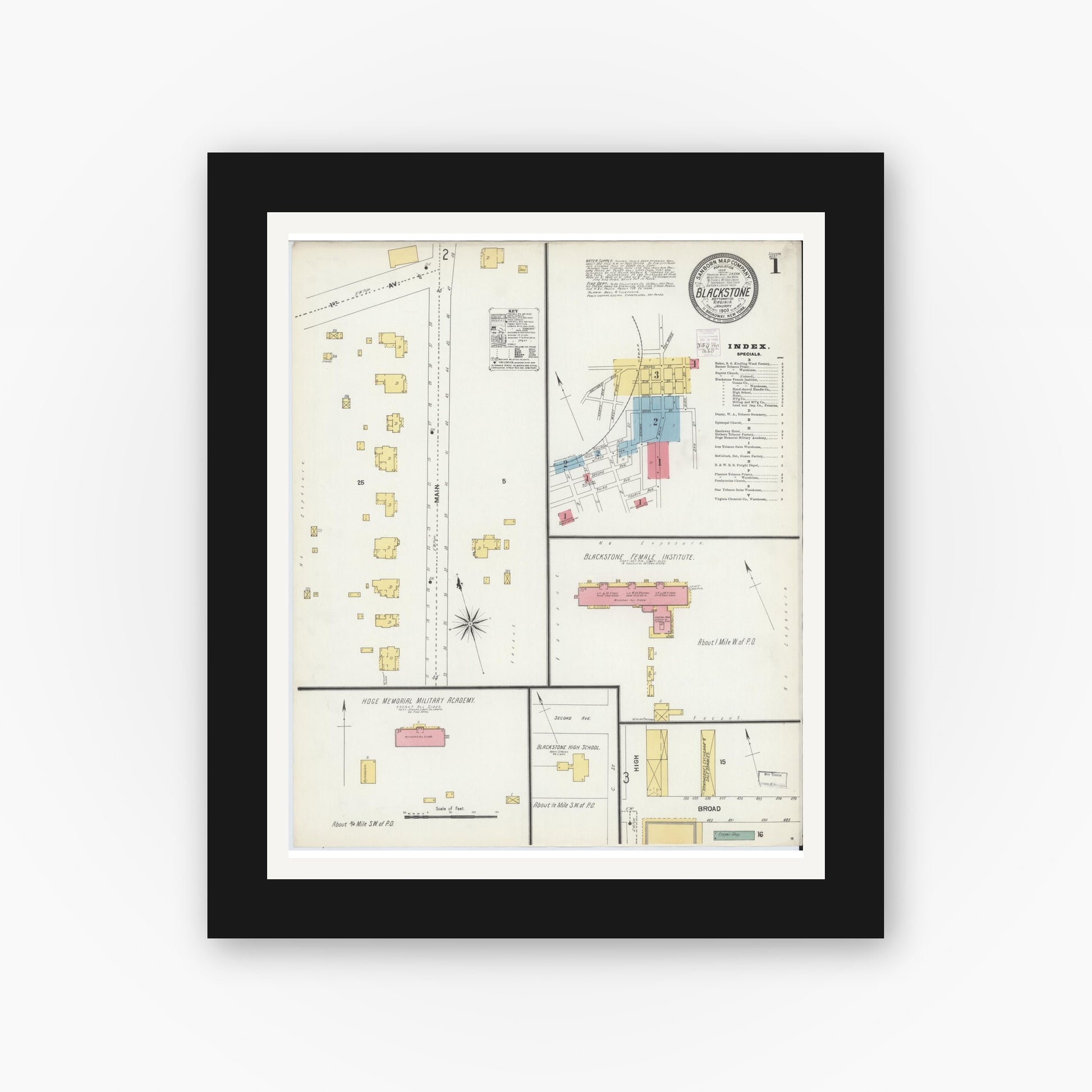 Old map wall art mockup — black gallery frame with white mat — Sanborn Fire Insurance Map from Blackstone, Nottoway County, Virginia (1903) - Complete Map Set