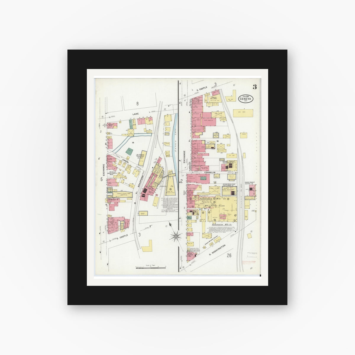 Old map wall art mockup — black gallery frame with white mat — Sanborn Fire Insurance Map from Geneva, Ontario County, New York (1909), Sheet #0003