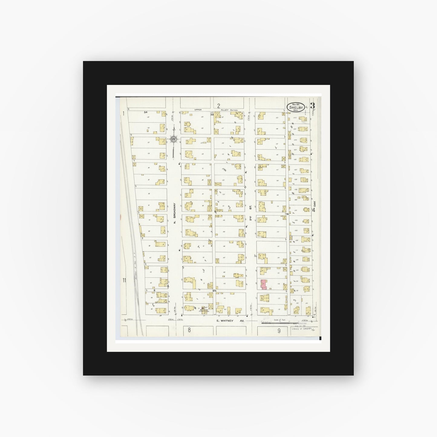 Old map wall art mockup — black gallery frame with white mat — Sanborn Fire Insurance Map from Shelby, Richland County, Ohio (1911), Sheet #0003