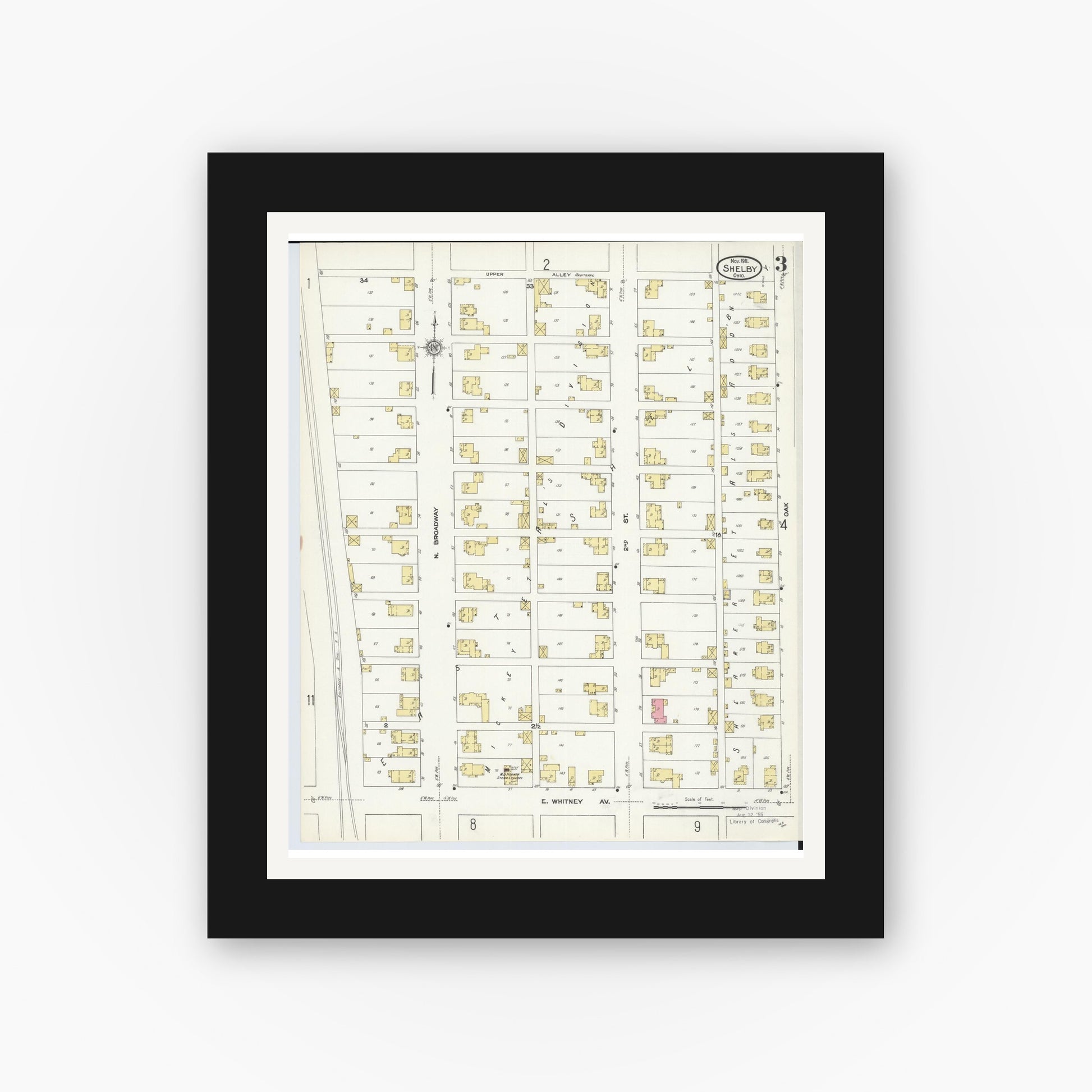 Old map wall art mockup — black gallery frame with white mat — Sanborn Fire Insurance Map from Shelby, Richland County, Ohio (1911), Sheet #0003