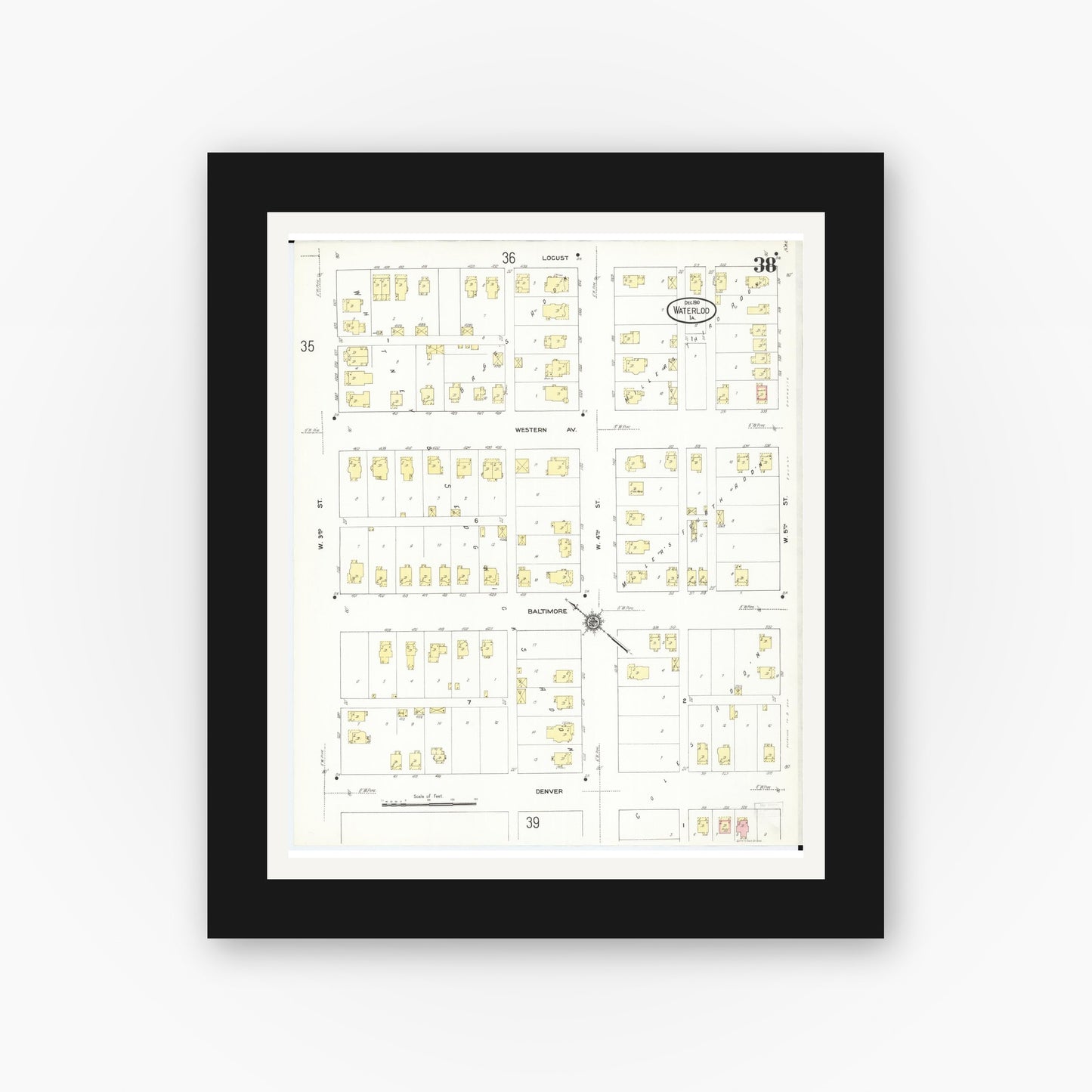 Old map wall art mockup — black gallery frame with white mat — Sanborn Fire Insurance Map from Waterloo, Black Hawk County, Iowa (1910), Sheet #0038