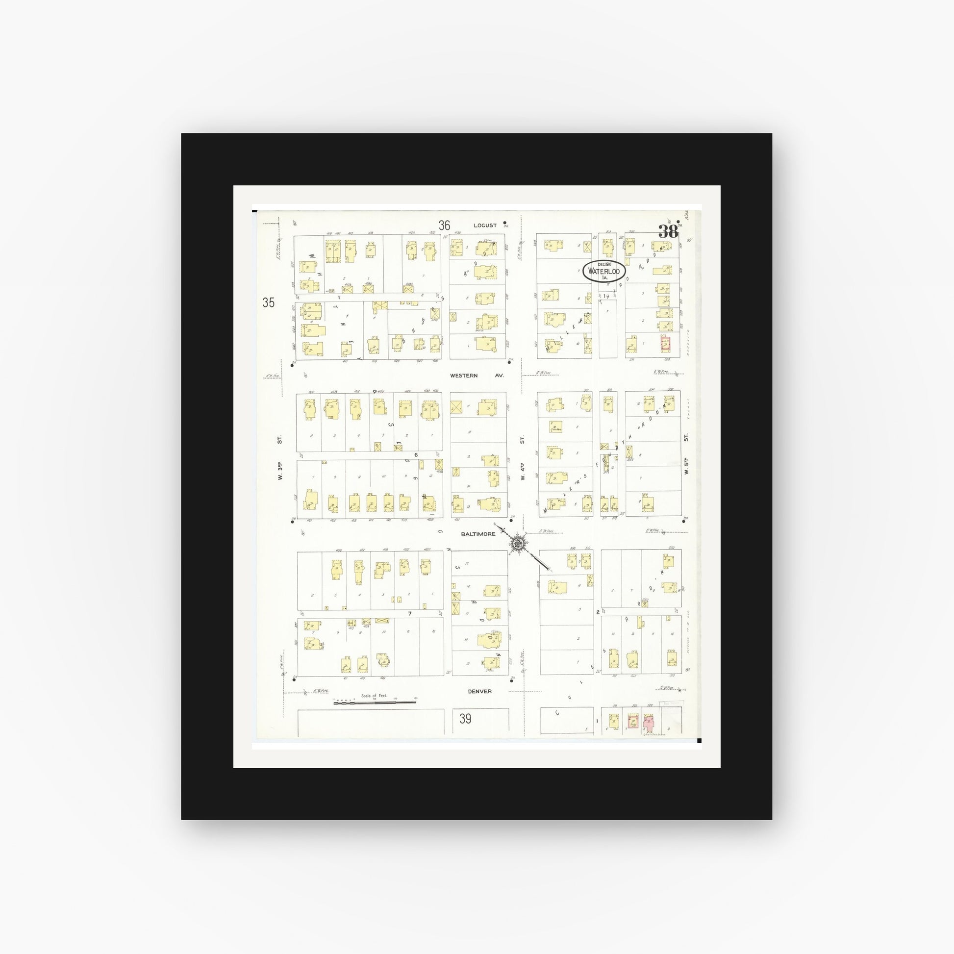 Old map wall art mockup — black gallery frame with white mat — Sanborn Fire Insurance Map from Waterloo, Black Hawk County, Iowa (1910), Sheet #0038