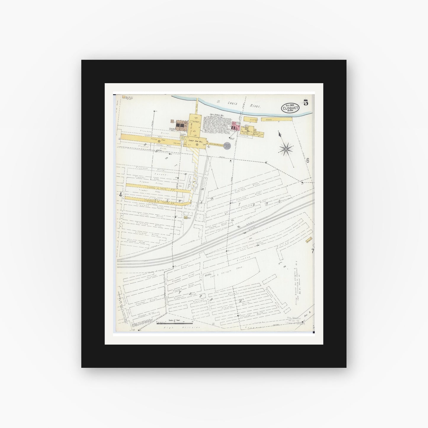 Old map wall art mockup — black gallery frame with white mat — Sanborn Fire Insurance Map from Cloquet, Carlton County, Minnesota (1905), Sheet #0005