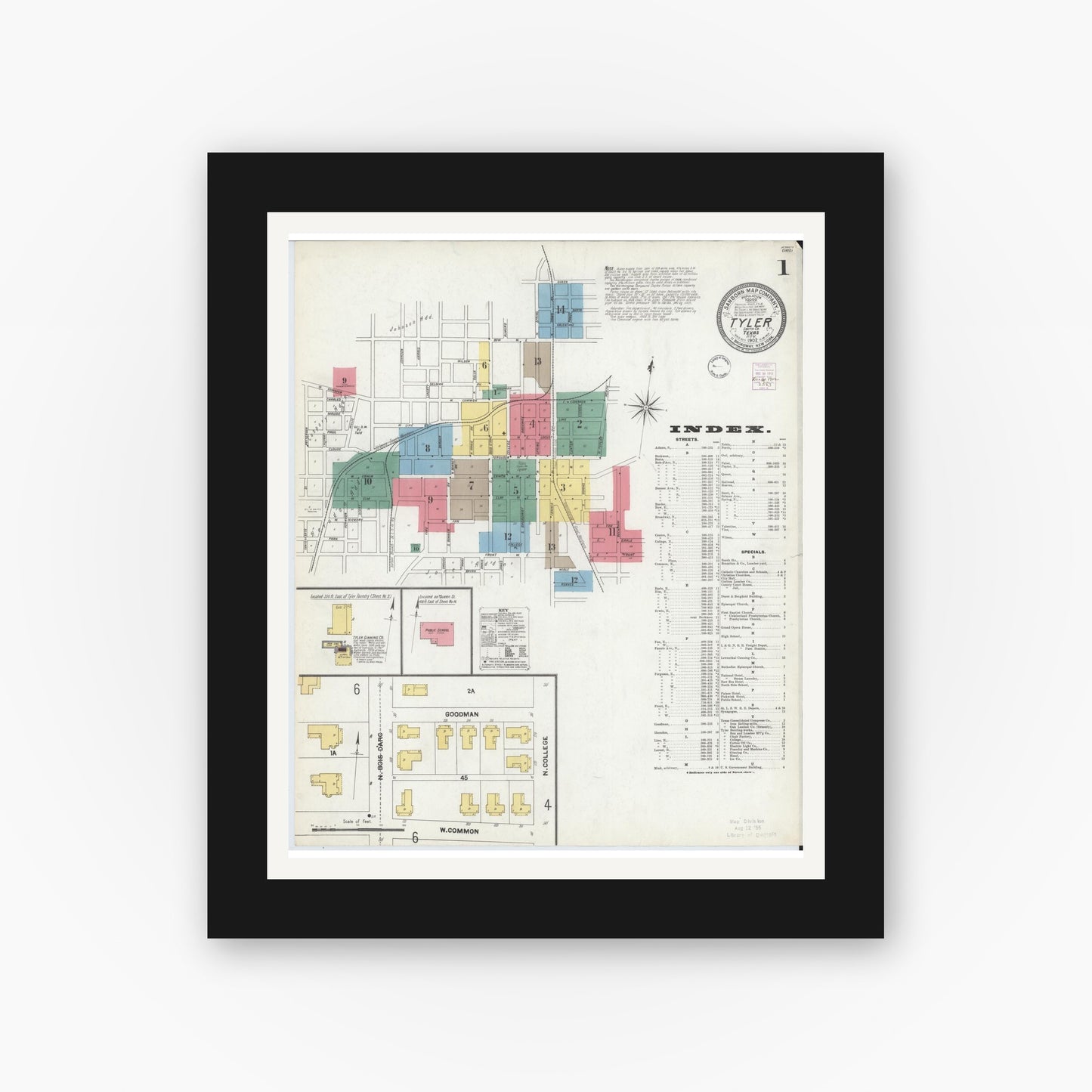 Old map wall art mockup — black gallery frame with white mat — Sanborn Fire Insurance Map from Tyler, Smith County, Texas (1902), Sheet #0001