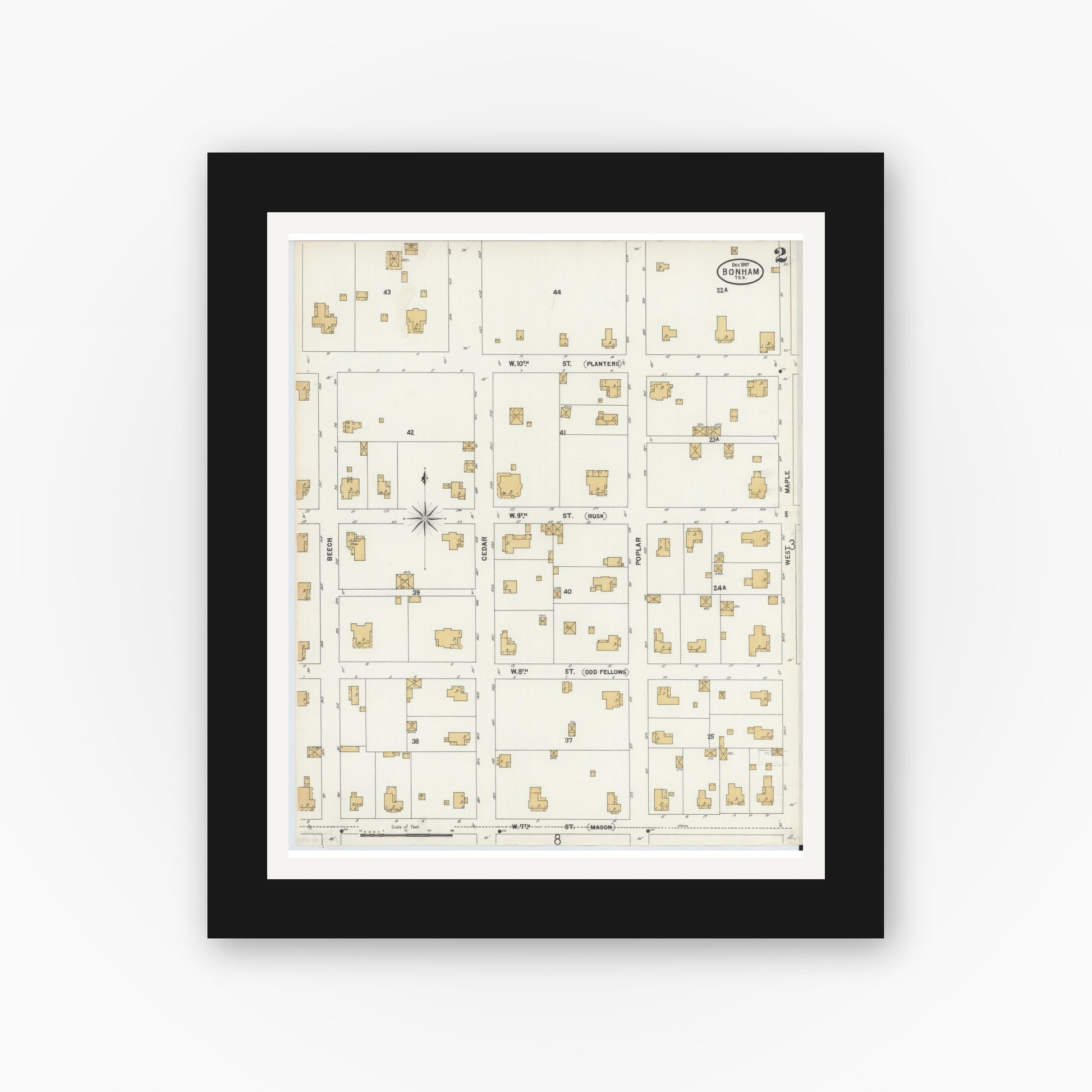Old map wall art mockup — black gallery frame with white mat — Sanborn Fire Insurance Map from Bonham, Fannin County, Texas (1897), Sheet #0002