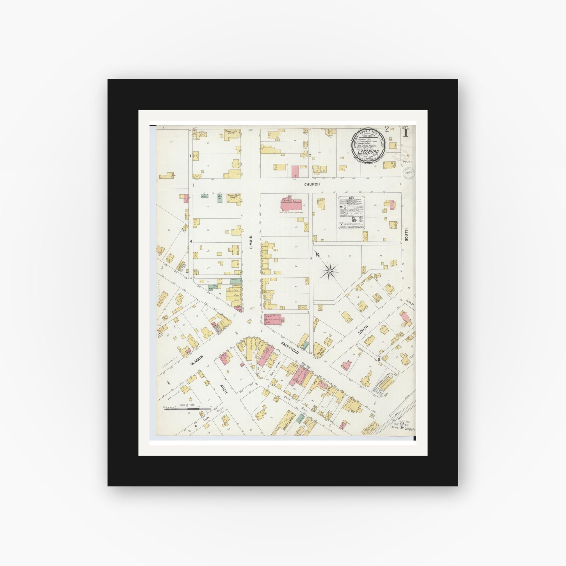 Old map wall art mockup — black gallery frame with white mat — Sanborn Fire Insurance Map from Leesburg, Highland County, Ohio (1899) - Complete Map Set