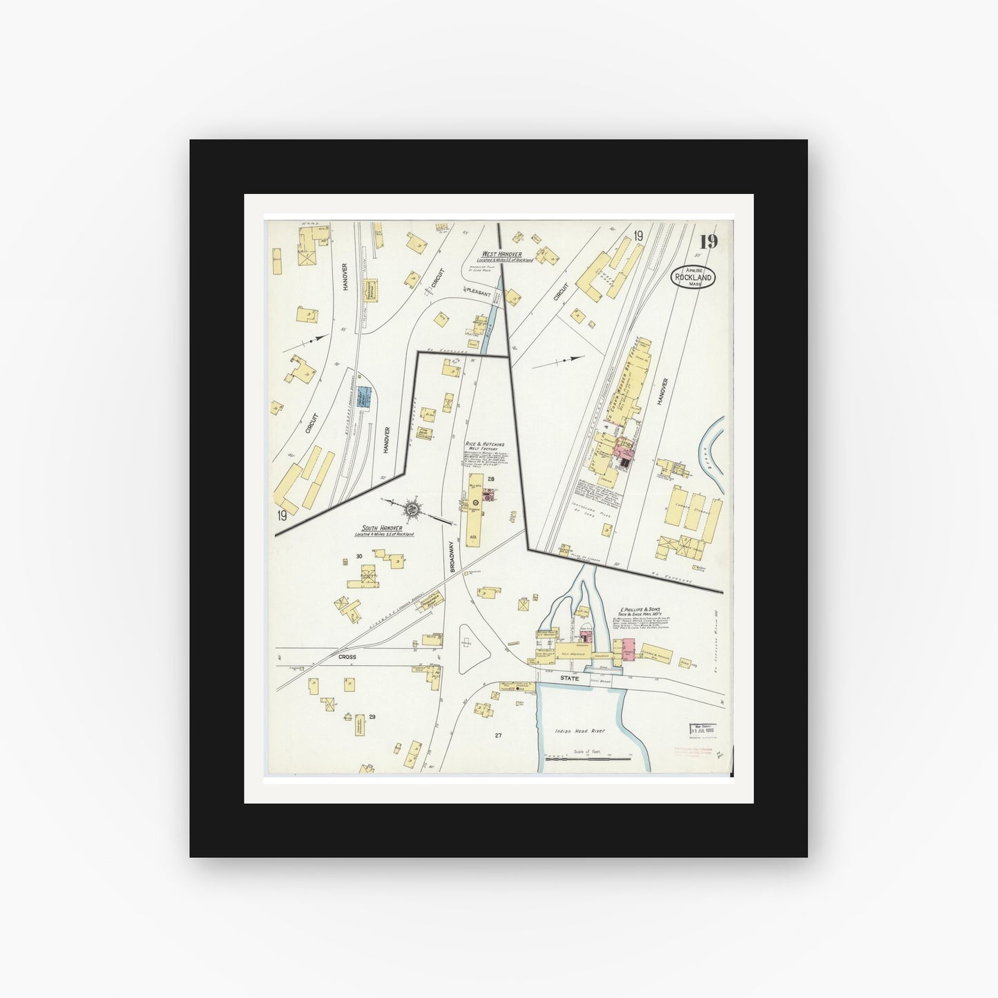 Old map wall art mockup — black gallery frame with white mat — Sanborn Fire Insurance Map from Rockland, Plymouth County, Massachusetts (1912), Sheet #0019