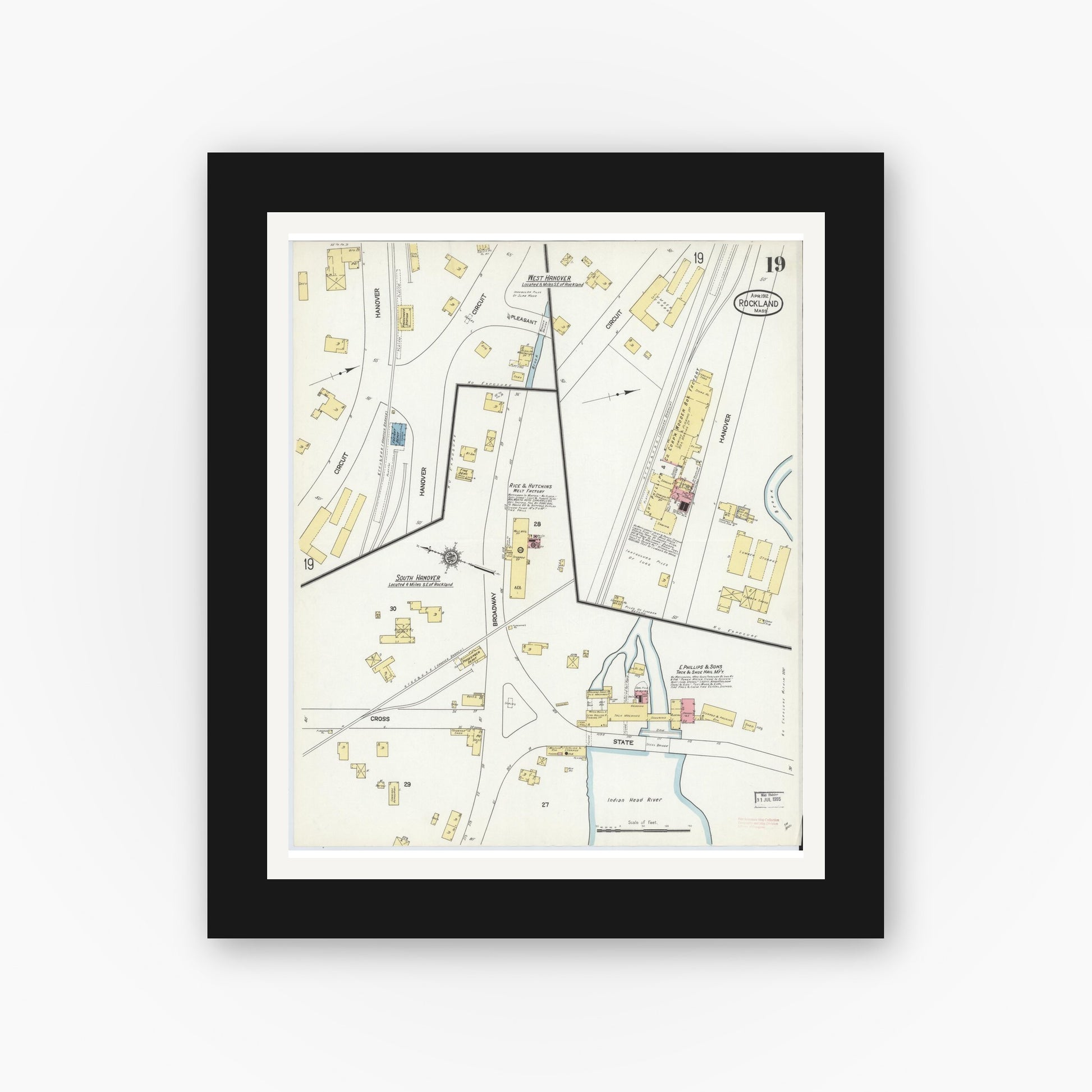 Old map wall art mockup — black gallery frame with white mat — Sanborn Fire Insurance Map from Rockland, Plymouth County, Massachusetts (1912), Sheet #0019