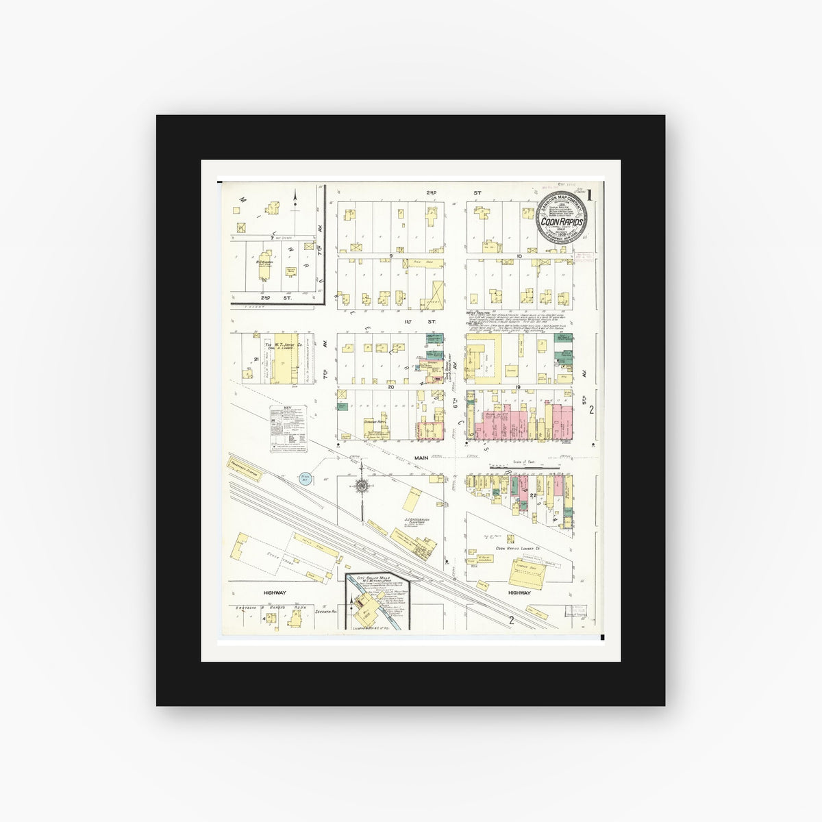 Old map wall art mockup — black gallery frame with white mat — Sanborn Fire Insurance Map from Coon Rapids, Carroll County, Iowa (1909), Sheet #0001