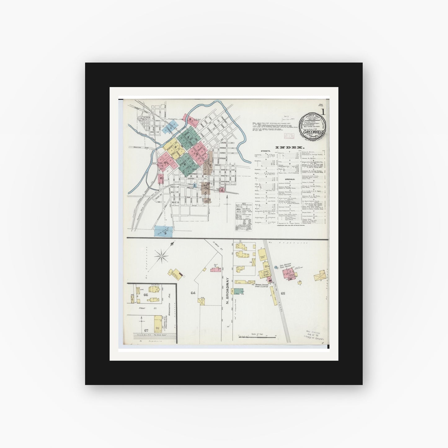 Old map wall art mockup — black gallery frame with white mat — Sanborn Fire Insurance Map from Greenville, Darke County, Ohio (1892) - Complete Map Set