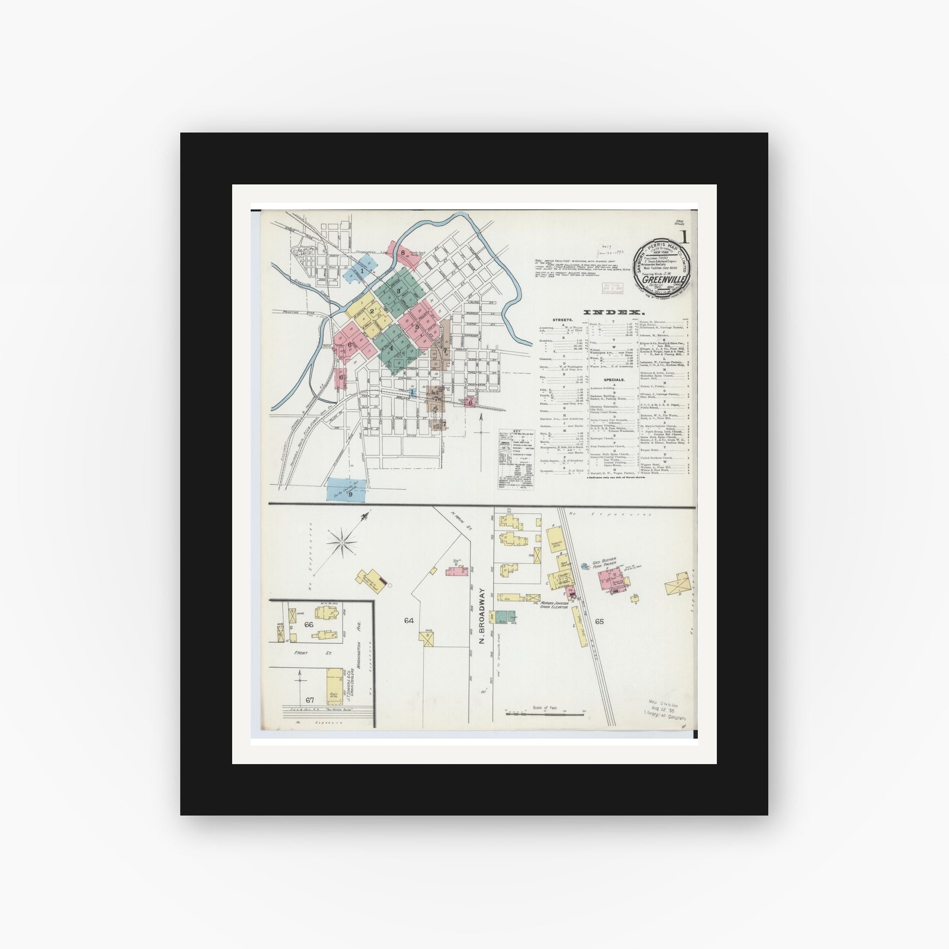 Old map wall art mockup — black gallery frame with white mat — Sanborn Fire Insurance Map from Greenville, Darke County, Ohio (1892) - Complete Map Set