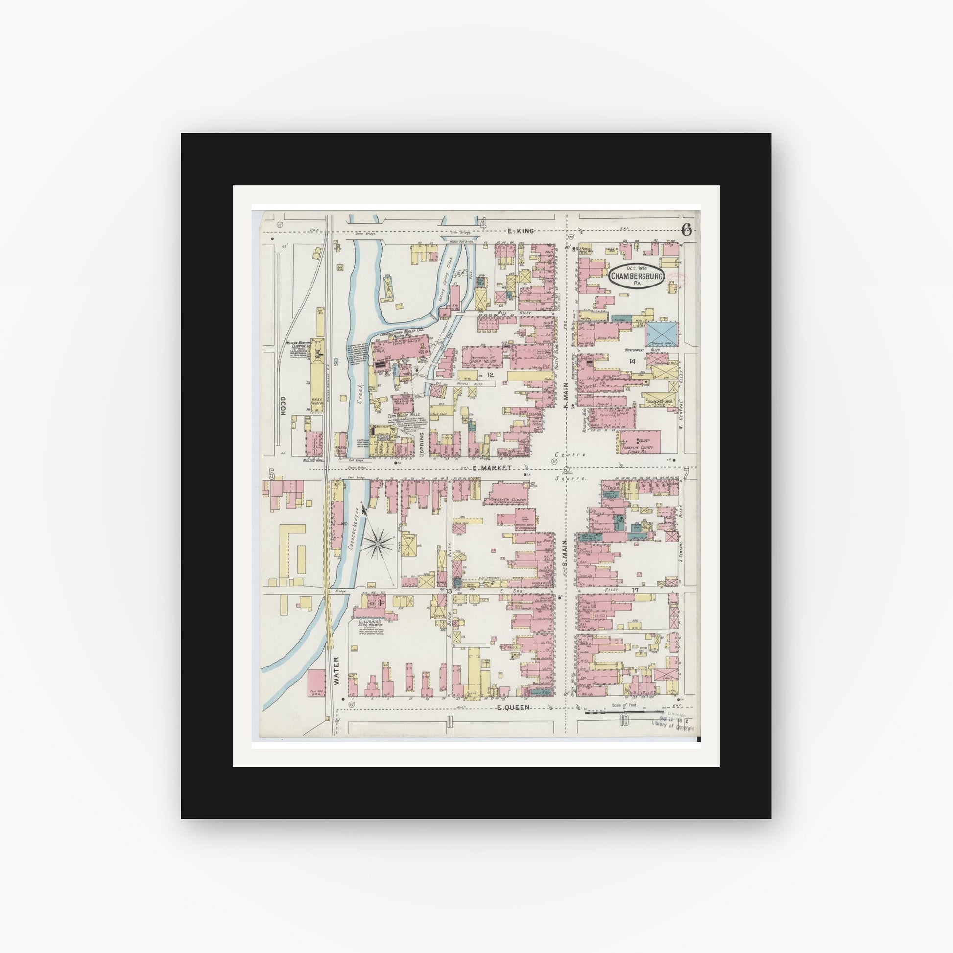 Old map wall art mockup — black gallery frame with white mat — Sanborn Fire Insurance Map from Chambersburg, Franklin County, Pennsylvania (1894), Sheet #0006