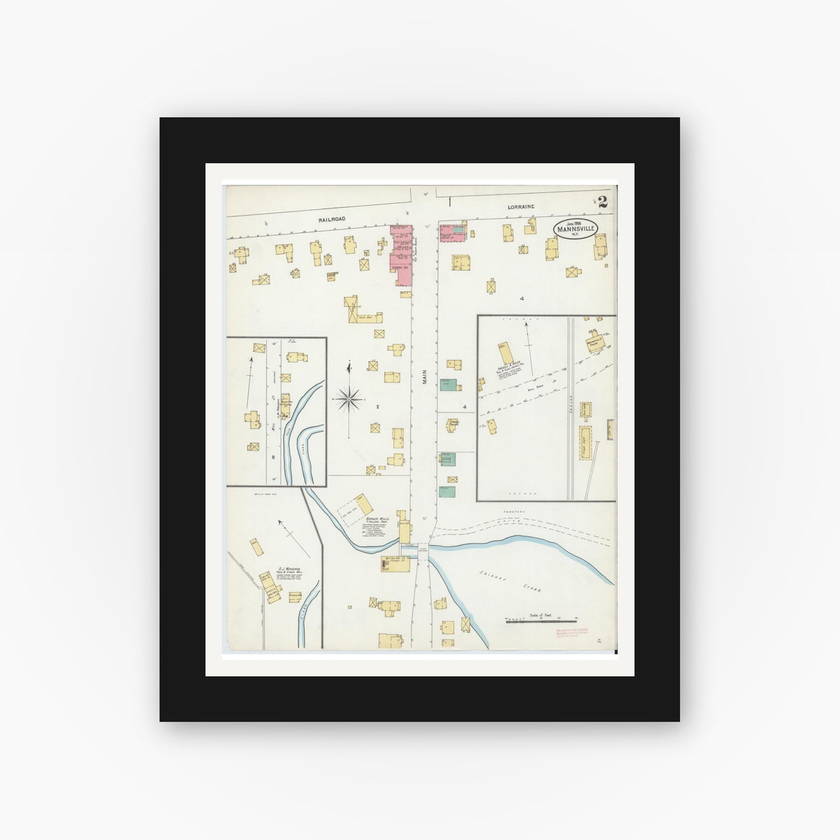 Old map wall art mockup — black gallery frame with white mat — Sanborn Fire Insurance Map from Mannsville, Jefferson County, New York (1906), Sheet #0002