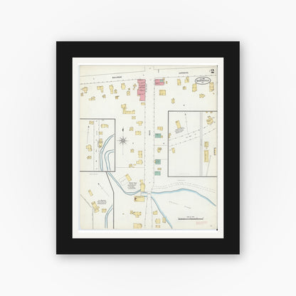 Old map wall art mockup — black gallery frame with white mat — Sanborn Fire Insurance Map from Mannsville, Jefferson County, New York (1906), Sheet #0002