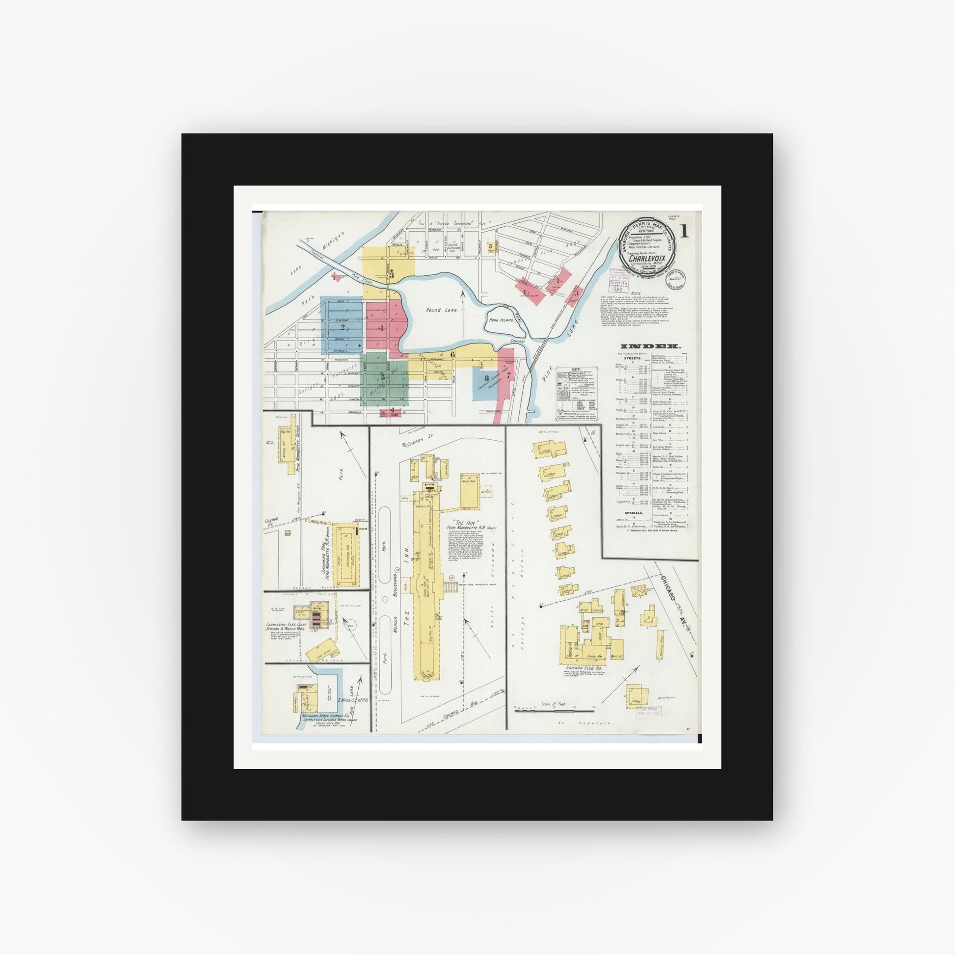 Old map wall art mockup — black gallery frame with white mat — Sanborn Fire Insurance Map from Charlevoix, Charlevoix County, Michigan (1901) - Complete Map Set
