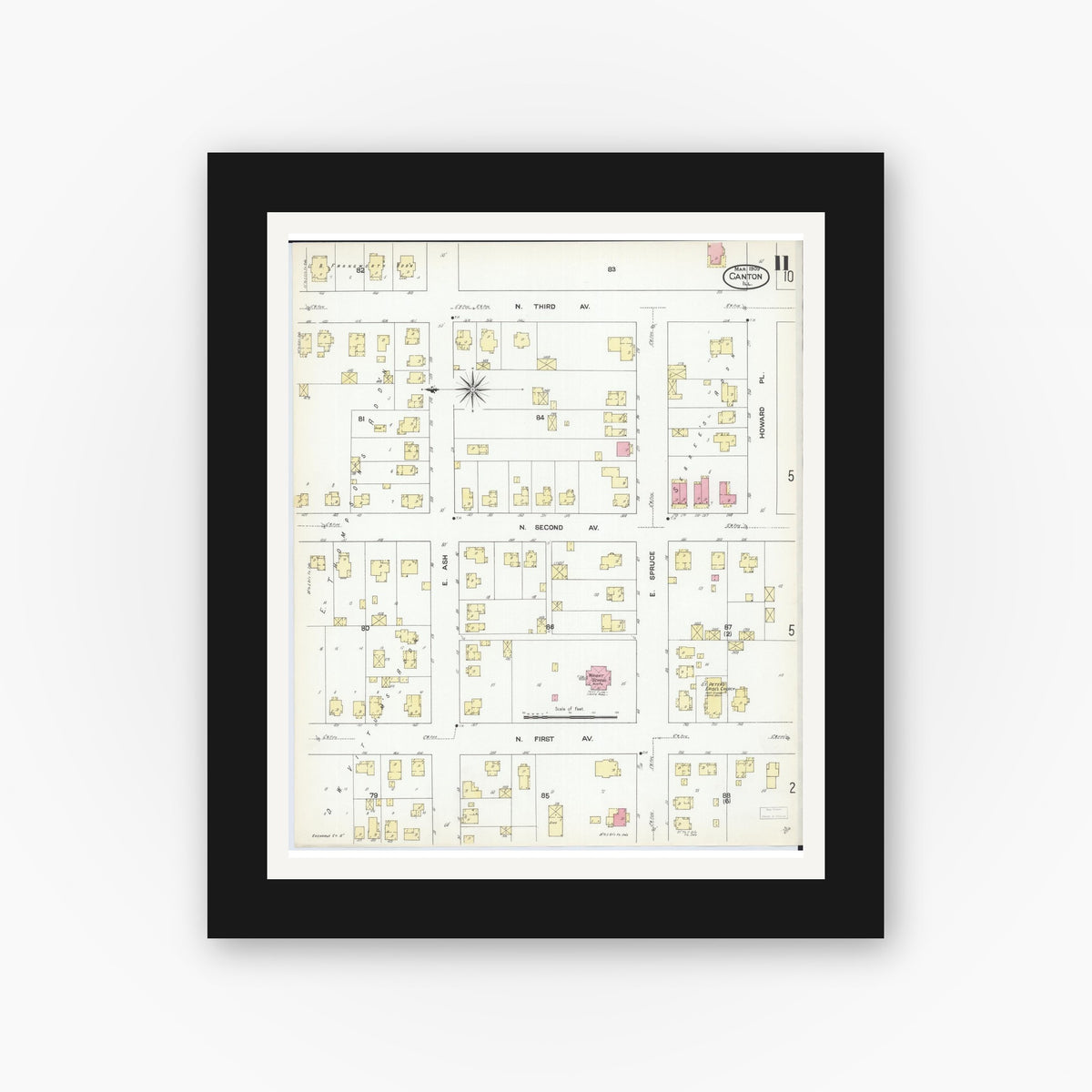 Old map wall art mockup — black gallery frame with white mat — Sanborn Fire Insurance Map from Canton, Fulton County, Illinois (1909), Sheet #0011