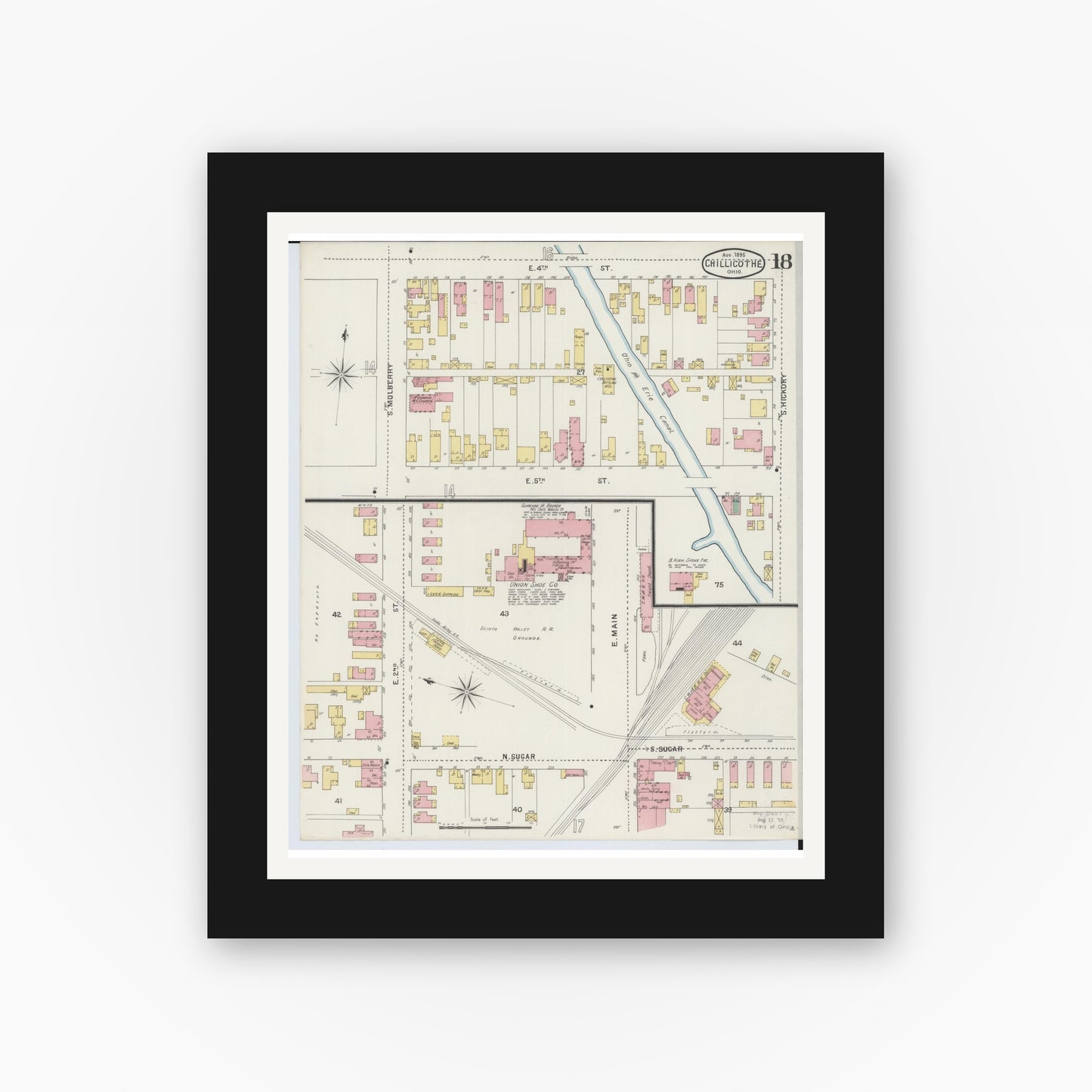 Old map wall art mockup — black gallery frame with white mat — Sanborn Fire Insurance Map from Chillicothe, Ross County, Ohio (1895), Sheet #0018