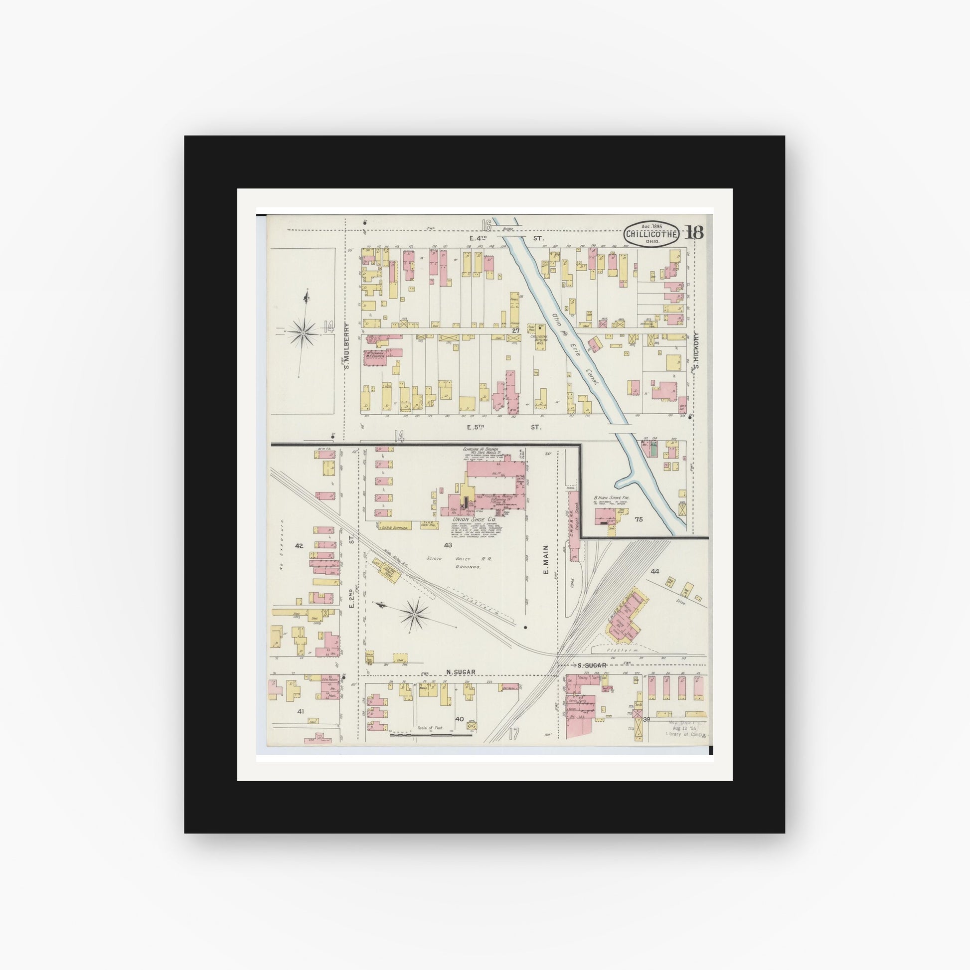 Old map wall art mockup — black gallery frame with white mat — Sanborn Fire Insurance Map from Chillicothe, Ross County, Ohio (1895), Sheet #0018
