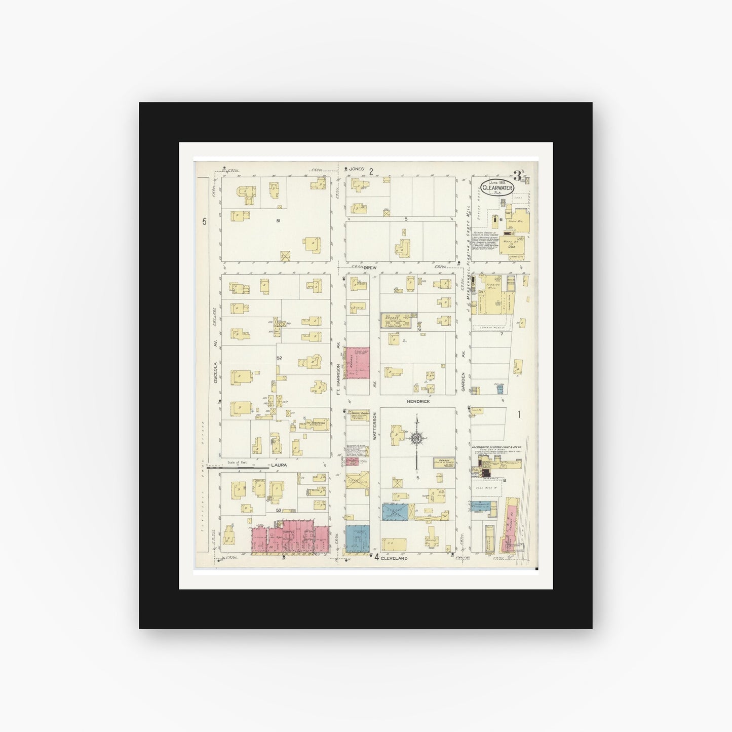 Old map wall art mockup — black gallery frame with white mat — Sanborn Fire Insurance Map from Clearwater, Pinellas County, Florida (1913), Sheet #0003