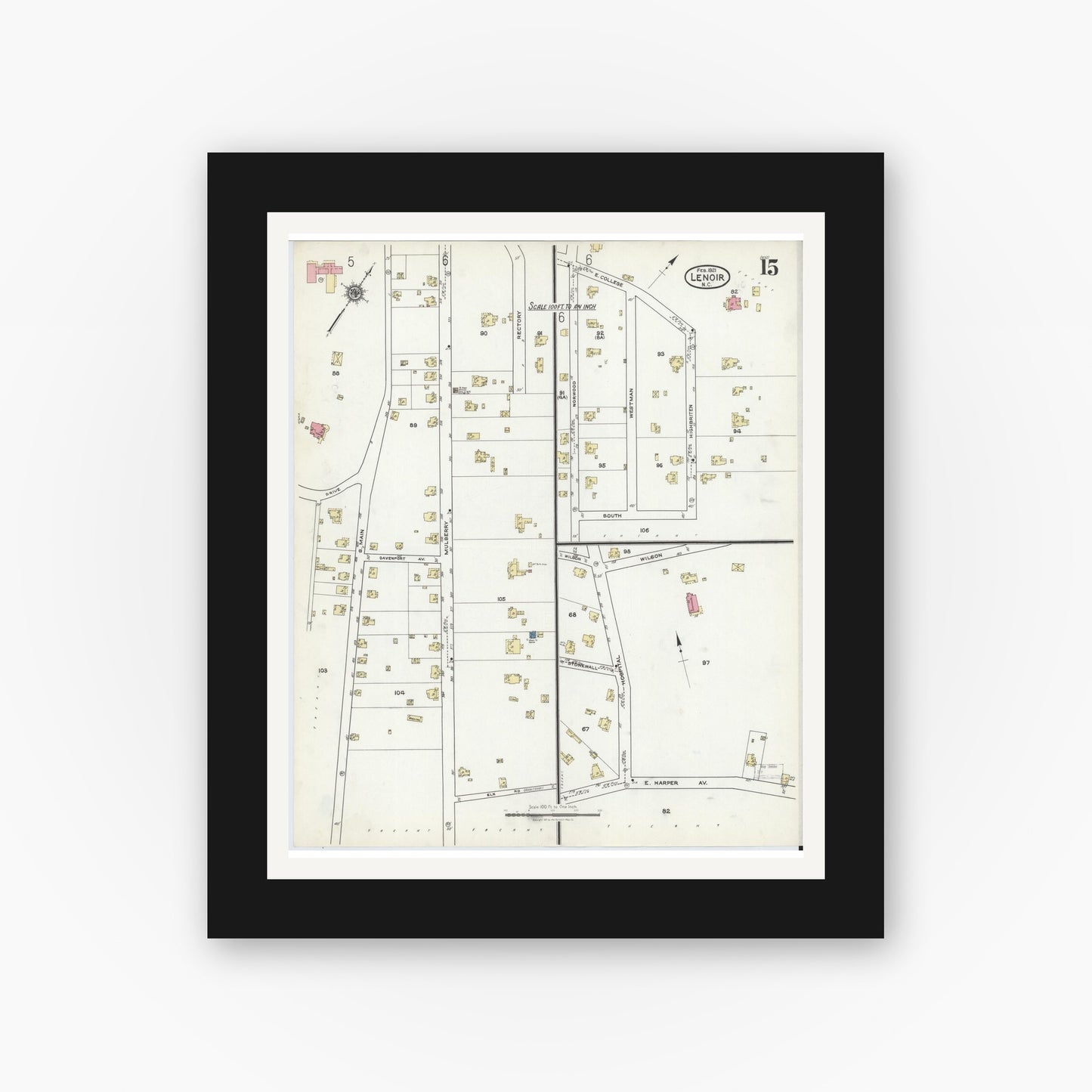 Old map wall art mockup — black gallery frame with white mat — Sanborn Fire Insurance Map from Lenoir, Caldwell County, North Carolina (1921), Sheet #0015