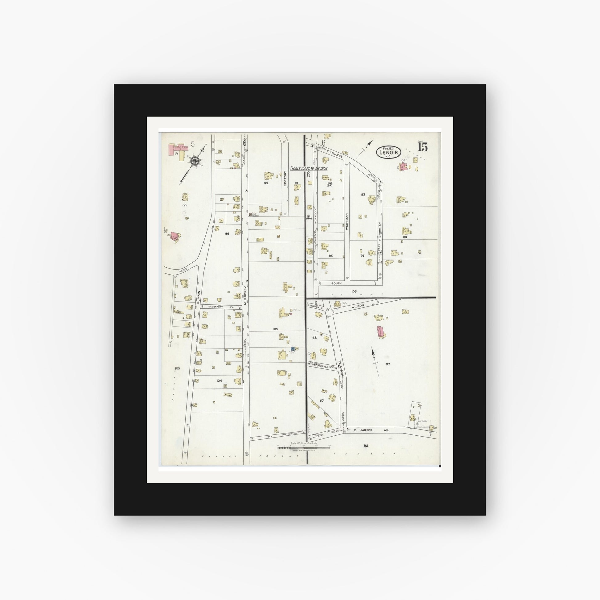 Old map wall art mockup — black gallery frame with white mat — Sanborn Fire Insurance Map from Lenoir, Caldwell County, North Carolina (1921), Sheet #0015