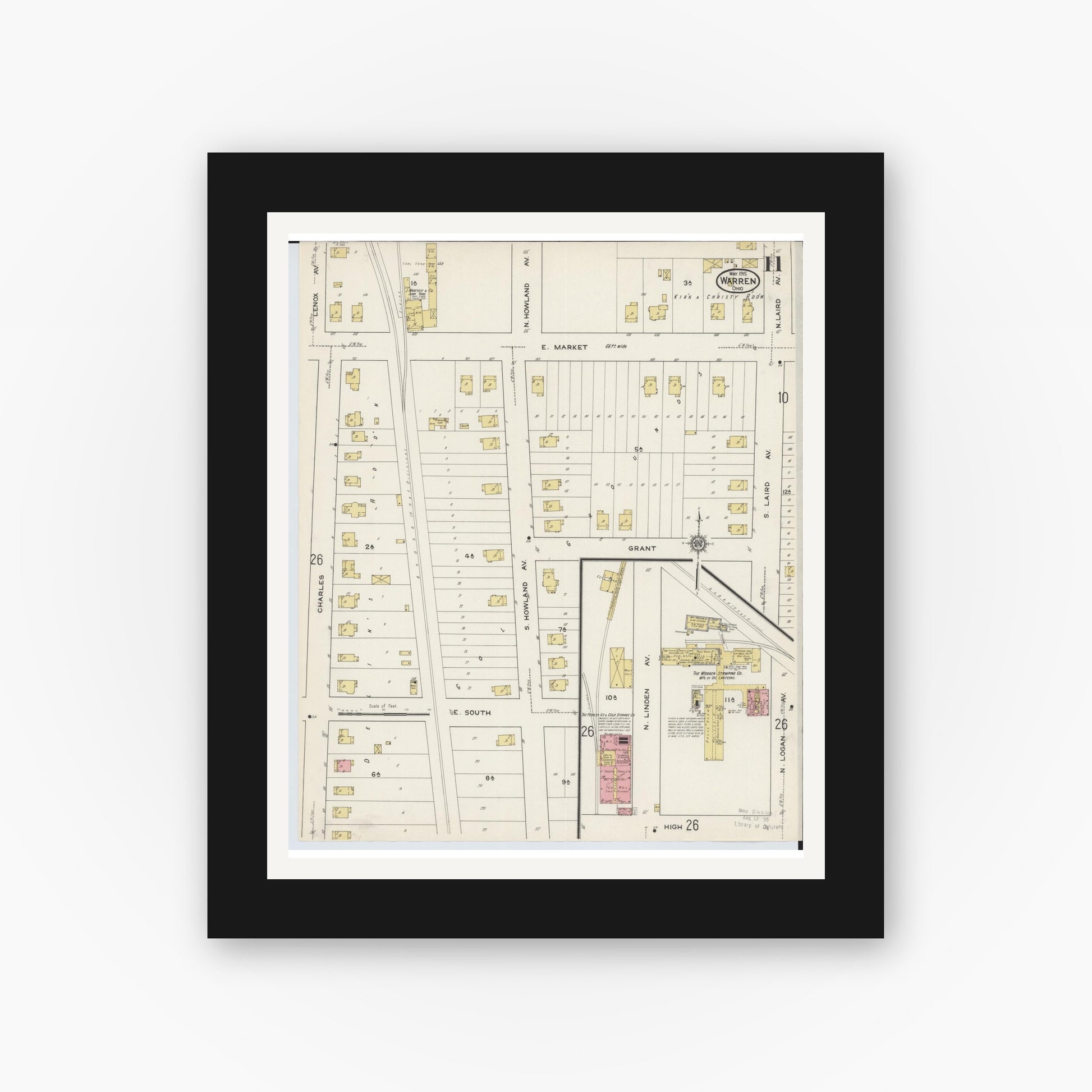 Old map wall art mockup — black gallery frame with white mat — Sanborn Fire Insurance Map from Warren, Trumbull County, Ohio (1915), Sheet #0011