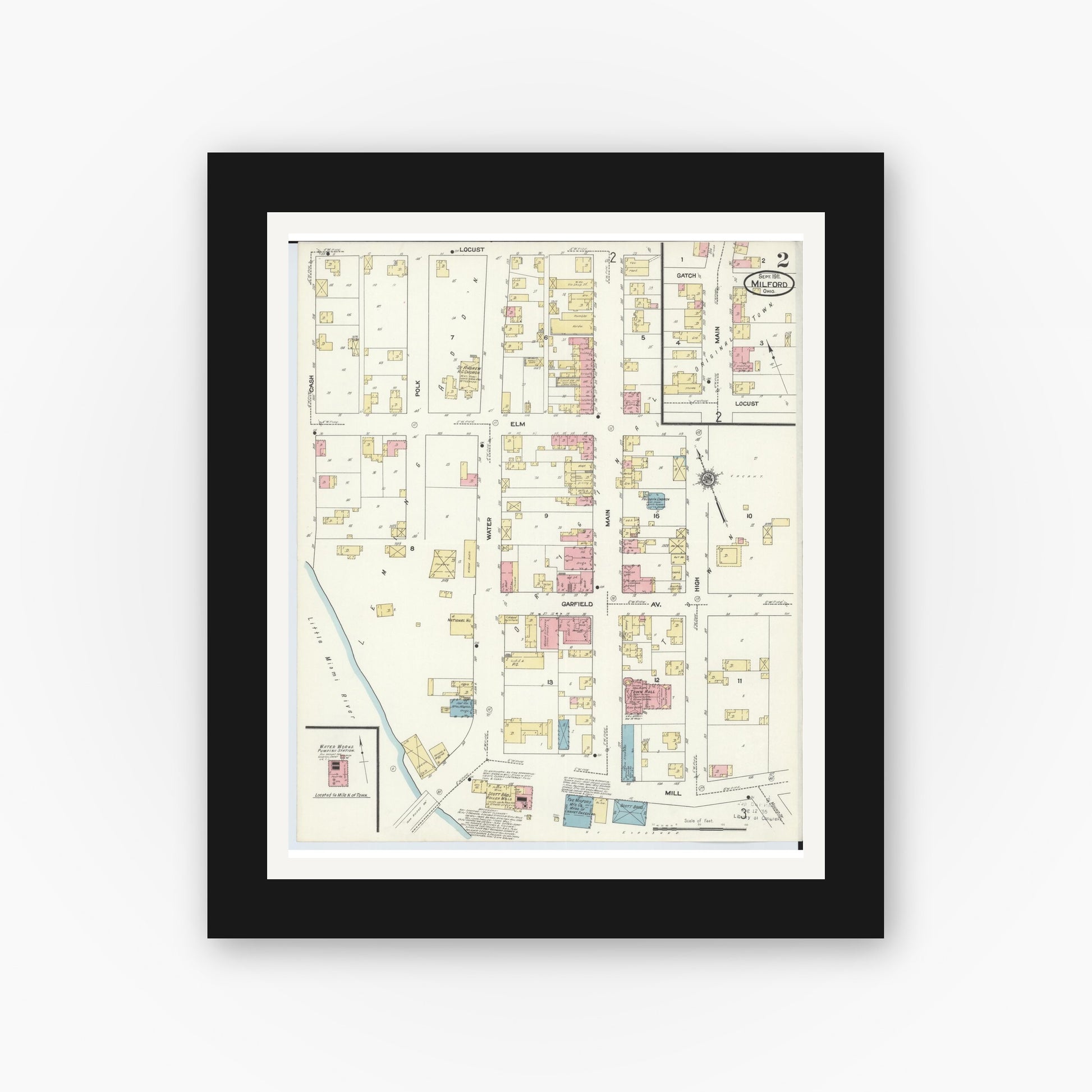 Old map wall art mockup — black gallery frame with white mat — Sanborn Fire Insurance Map from Milford, Clermont And Hamilton County, Ohio (1911), Sheet #0002