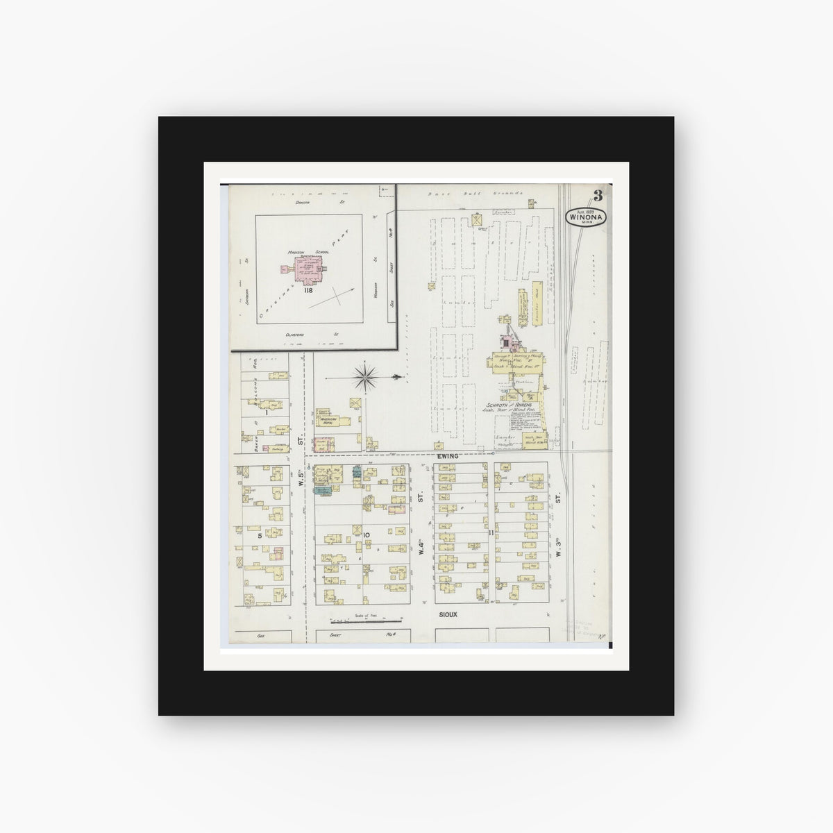 Old map wall art mockup — black gallery frame with white mat — Sanborn Fire Insurance Map from Winona, Winona County, Minnesota (1889), Sheet #0003