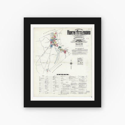 Old map wall art mockup — black gallery frame with white mat — Sanborn Fire Insurance Map from North Attleborough, Bristol County, Massachusetts (1911) - Complete Map Set