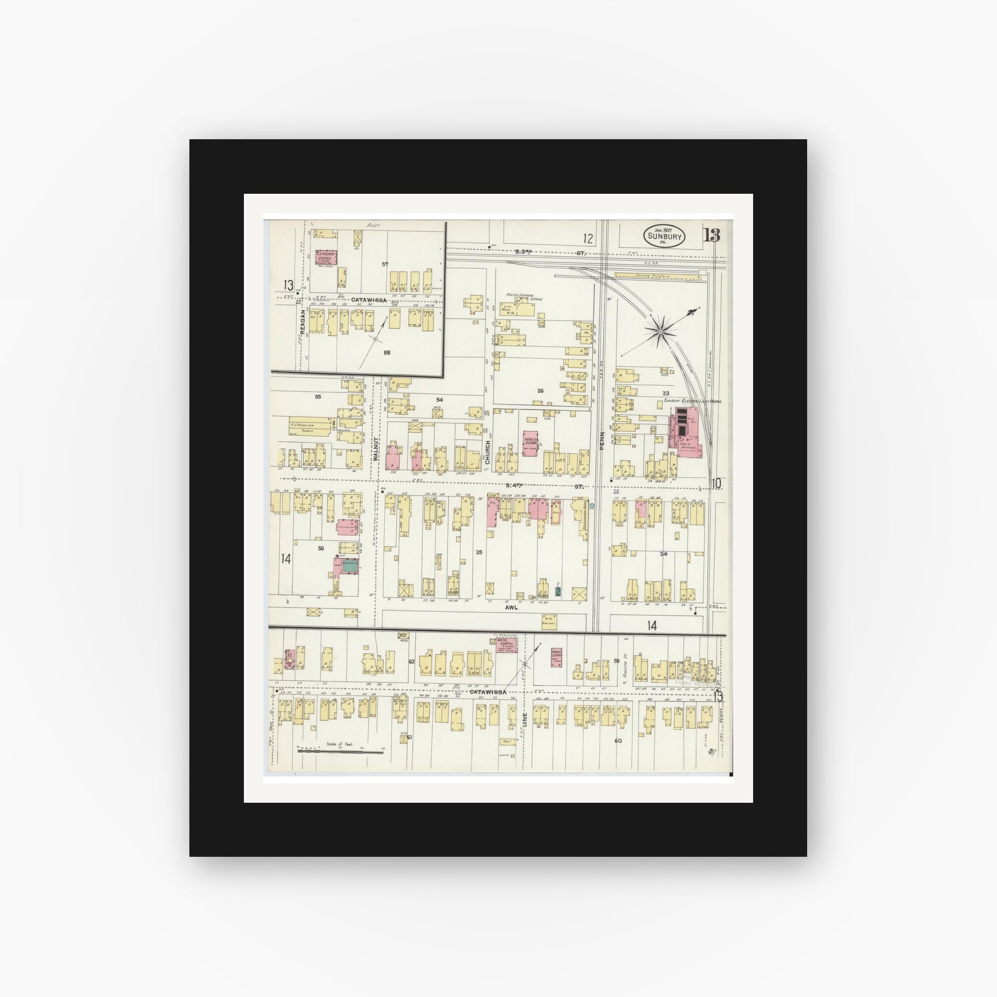 Old map wall art mockup — black gallery frame with white mat — Sanborn Fire Insurance Map from Sunbury, Northumberland County, Pennsylvania (1907), Sheet #0013