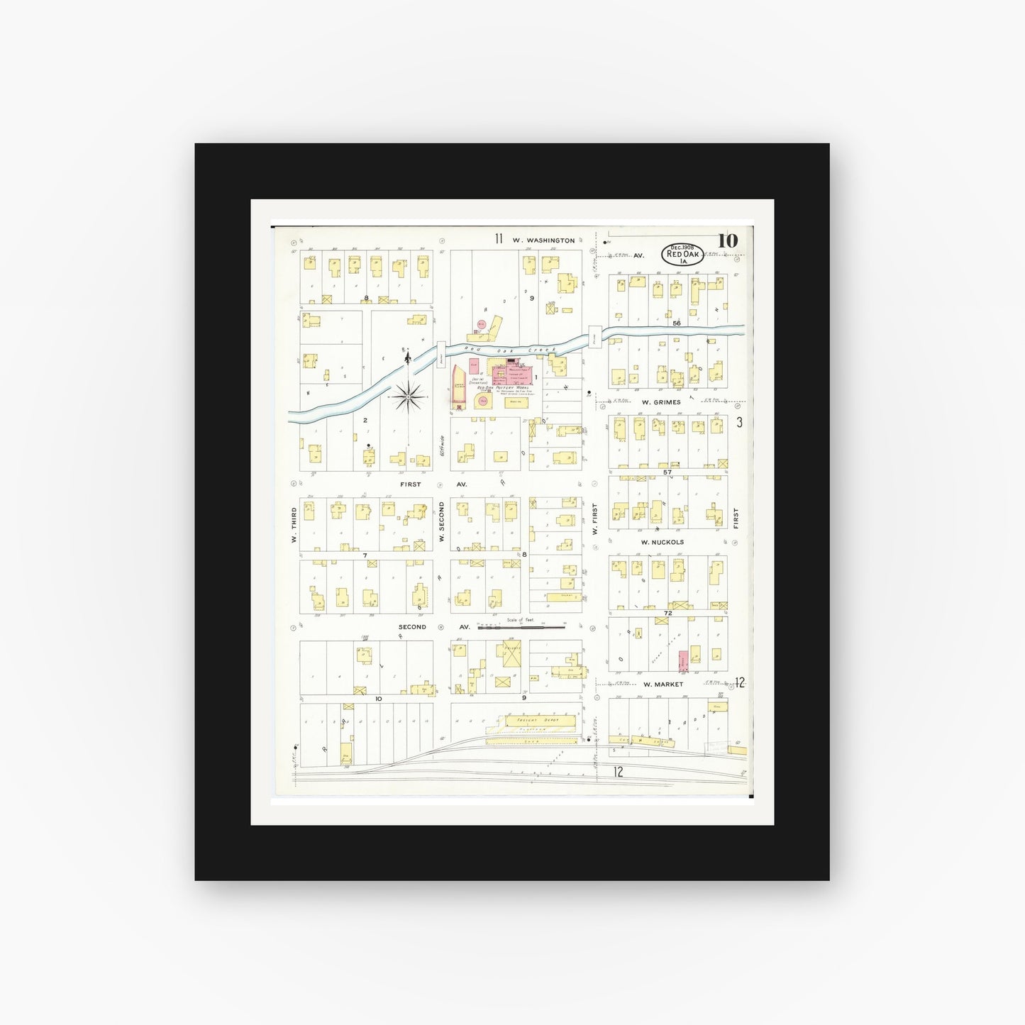 Old map wall art mockup — black gallery frame with white mat — Sanborn Fire Insurance Map from Red Oak, Montgomery County, Iowa (1908), Sheet #0010
