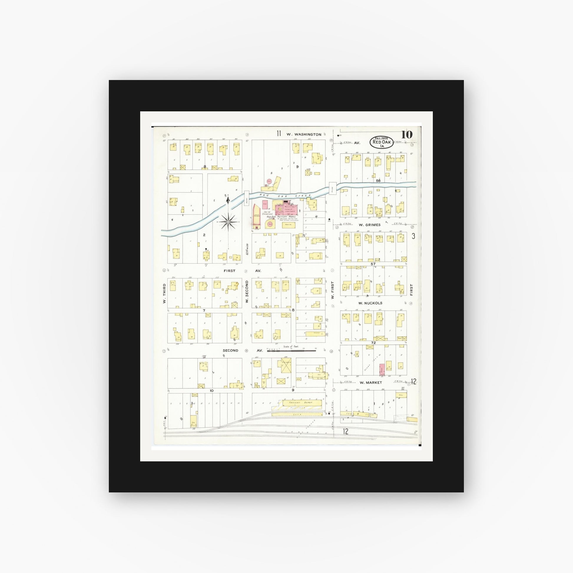 Old map wall art mockup — black gallery frame with white mat — Sanborn Fire Insurance Map from Red Oak, Montgomery County, Iowa (1908), Sheet #0010